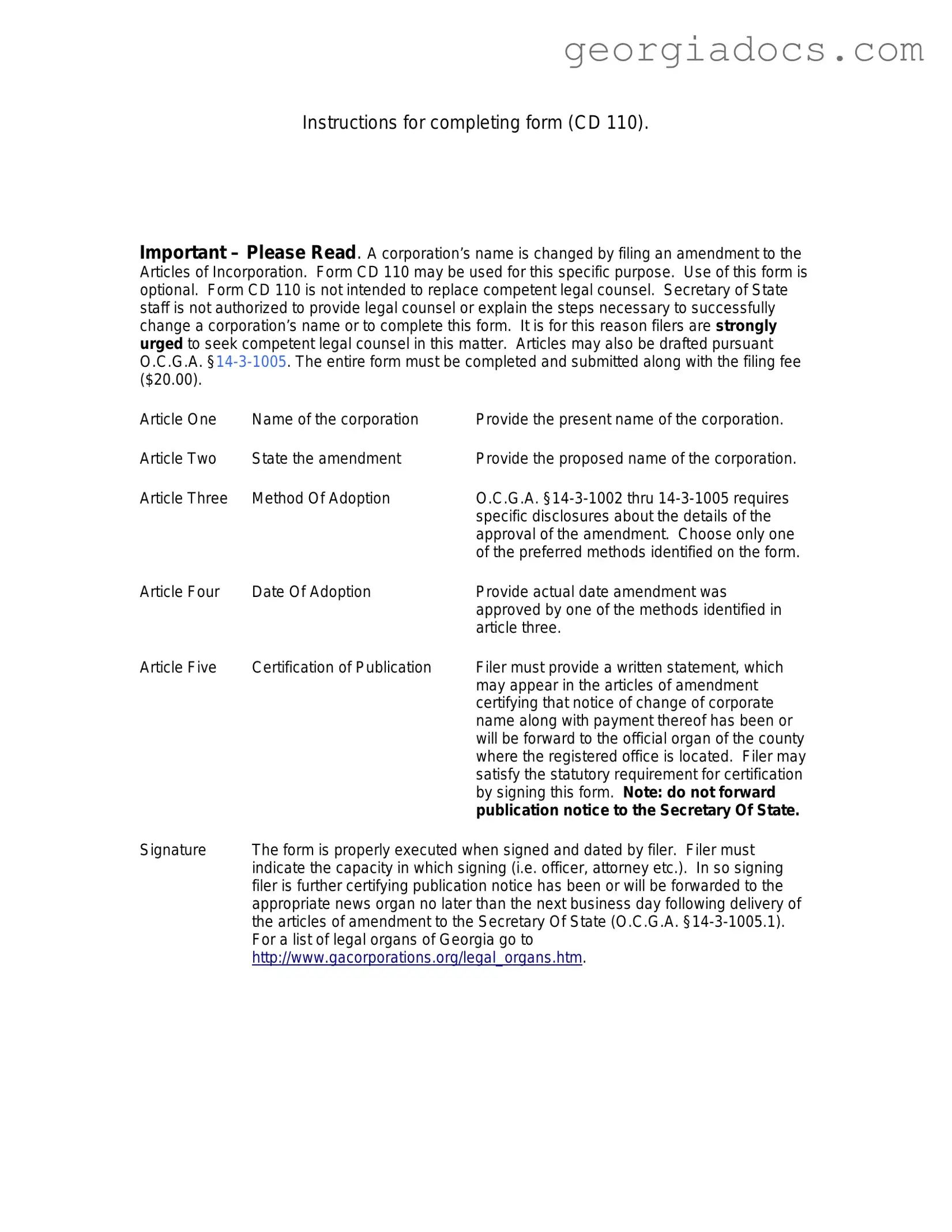 Articles Of Amendment Georgia Cd 110 Template in PDF