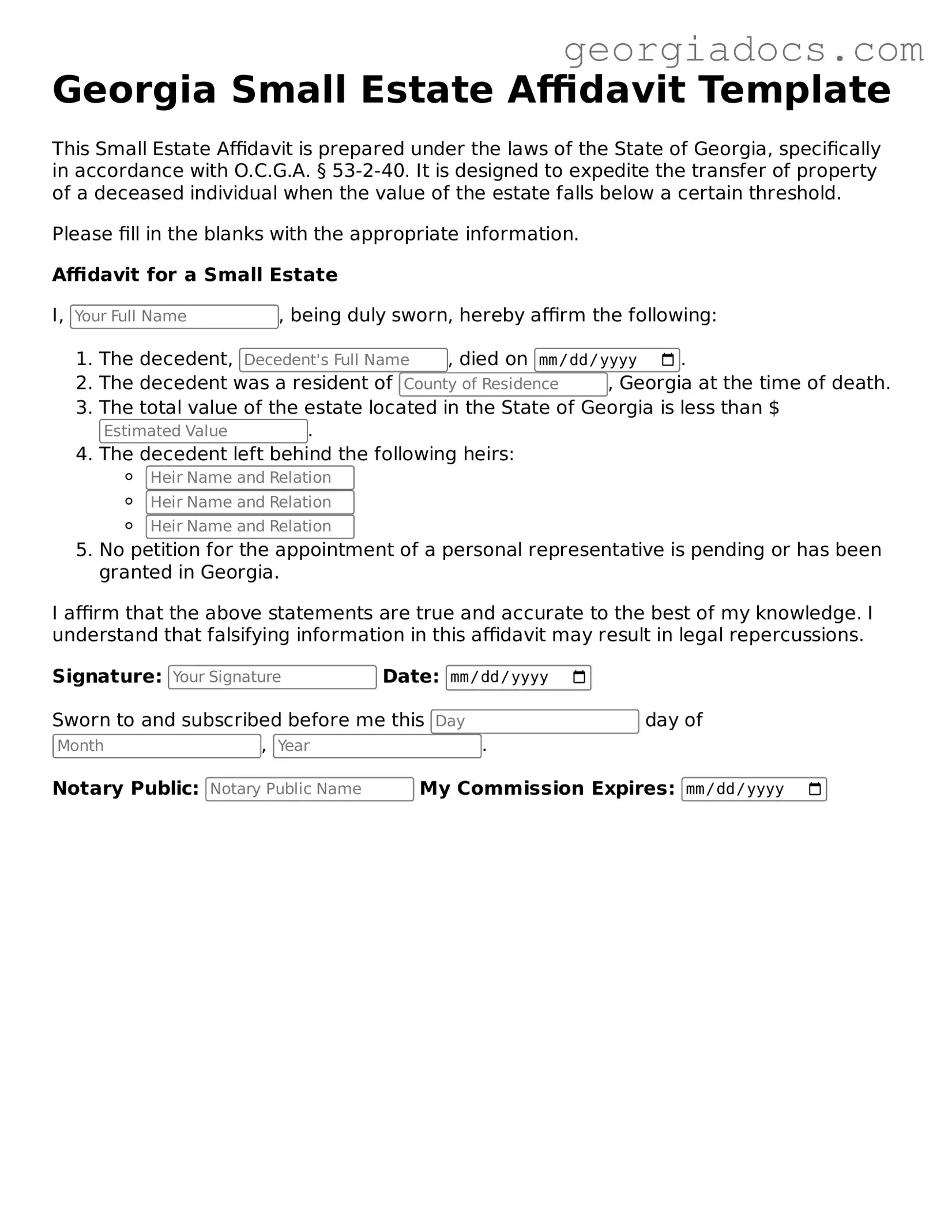  Small Estate Affidavit Template for Georgia