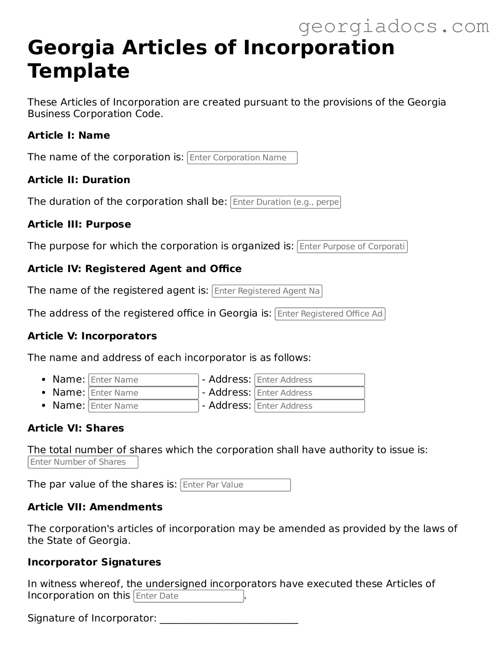  Articles of Incorporation Template for Georgia