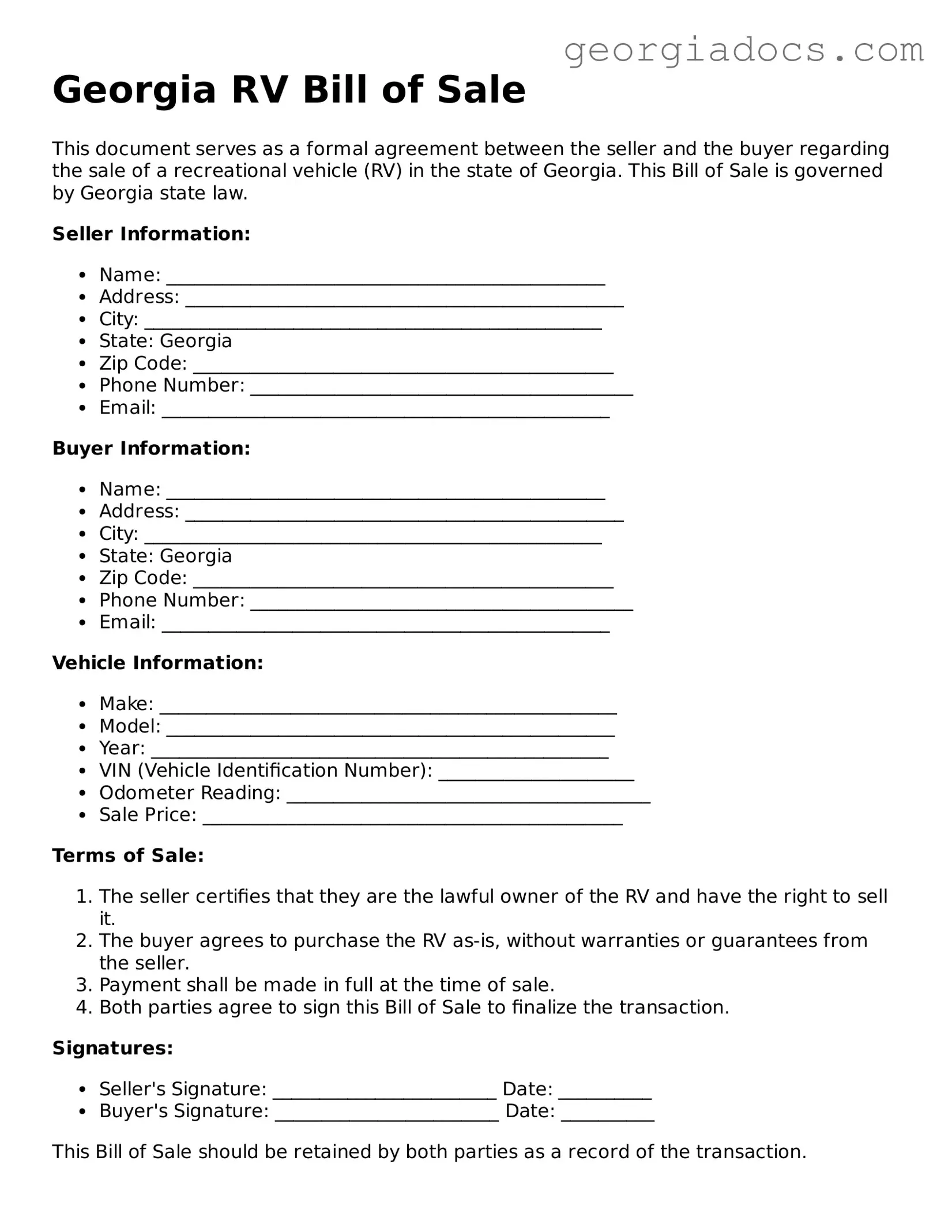  RV Bill of Sale Template for Georgia