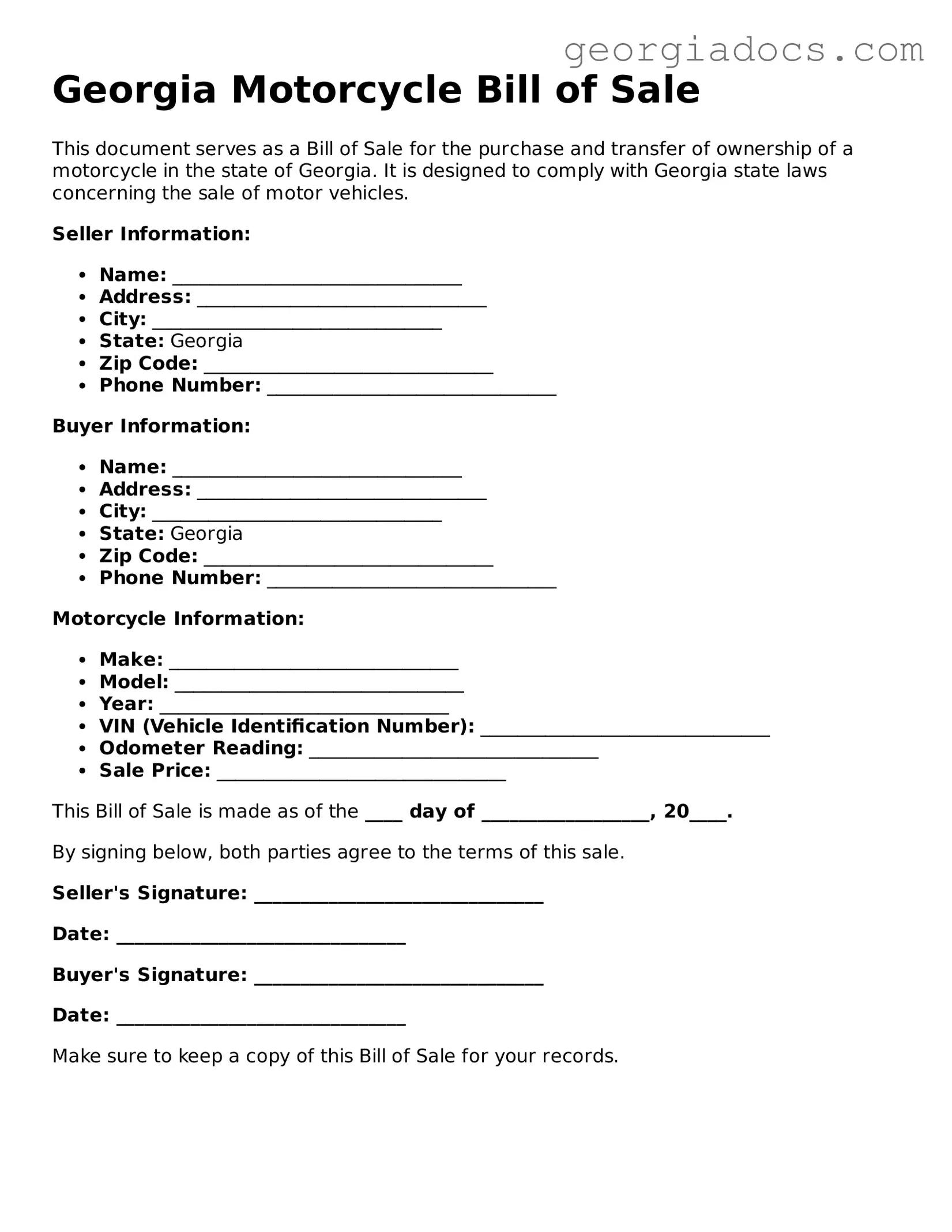  Motorcycle Bill of Sale Template for Georgia