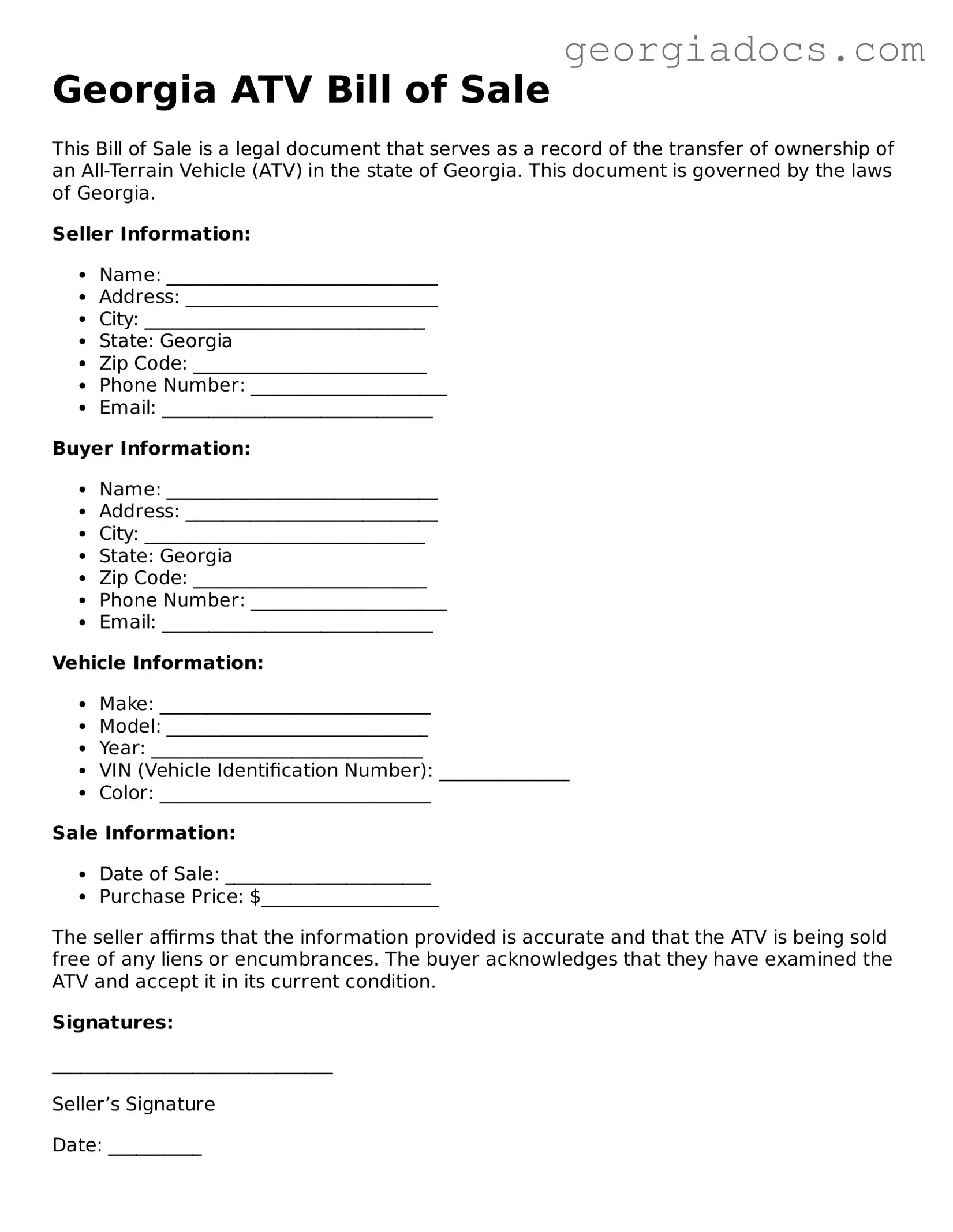  ATV Bill of Sale Template for Georgia