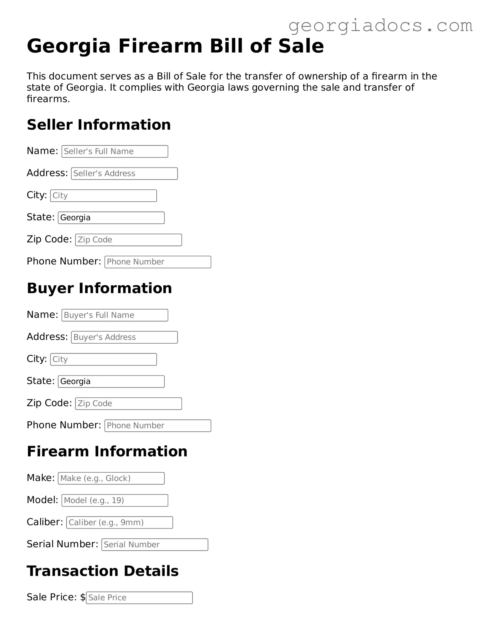 Firearm Bill of Sale Template for Georgia