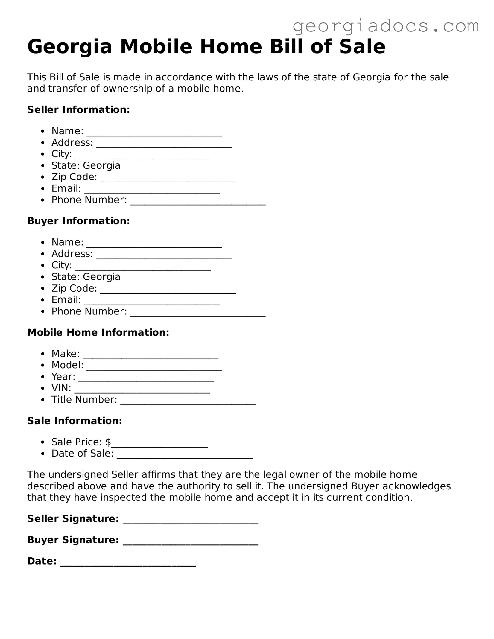  Mobile Home Bill of Sale Template for Georgia