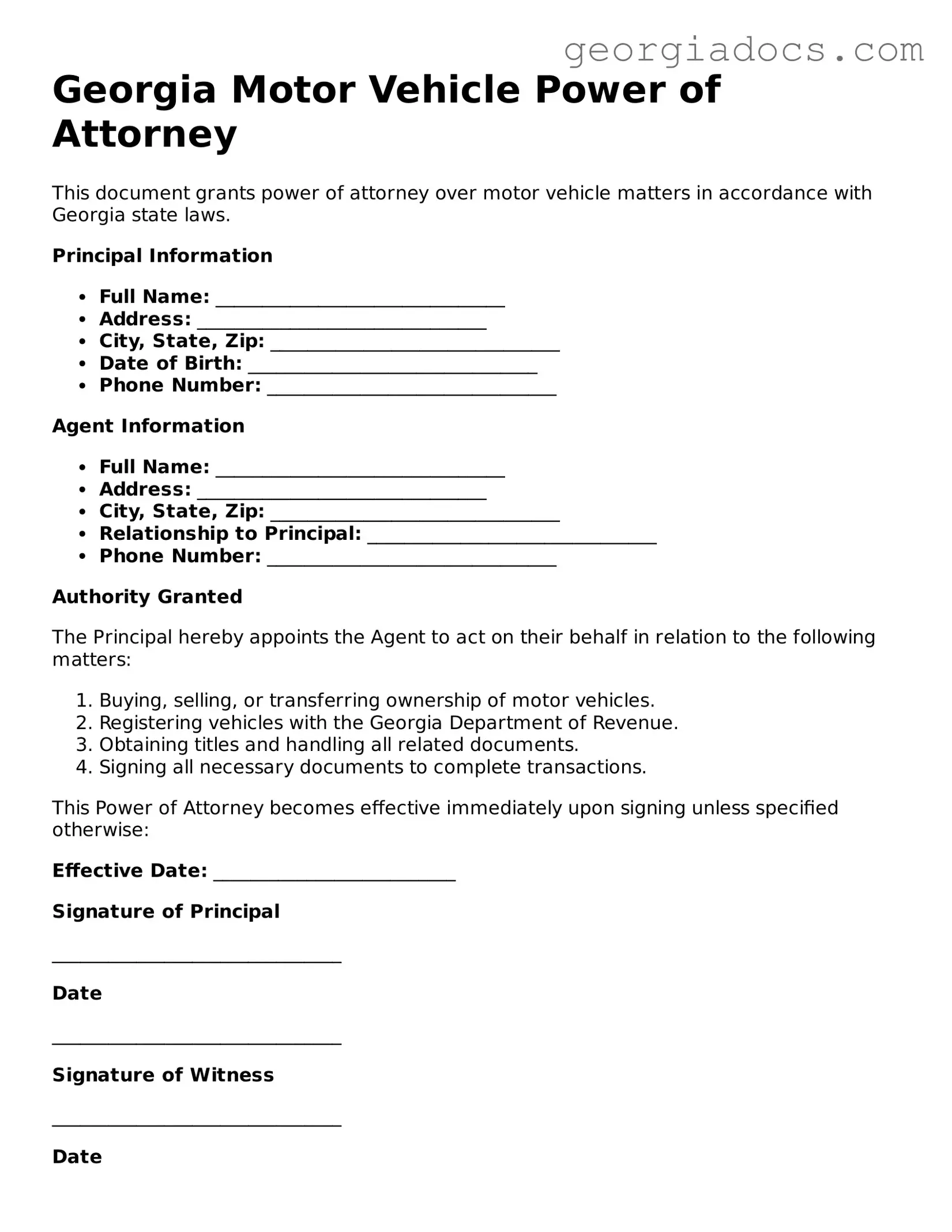  Motor Vehicle Power of Attorney Template for Georgia