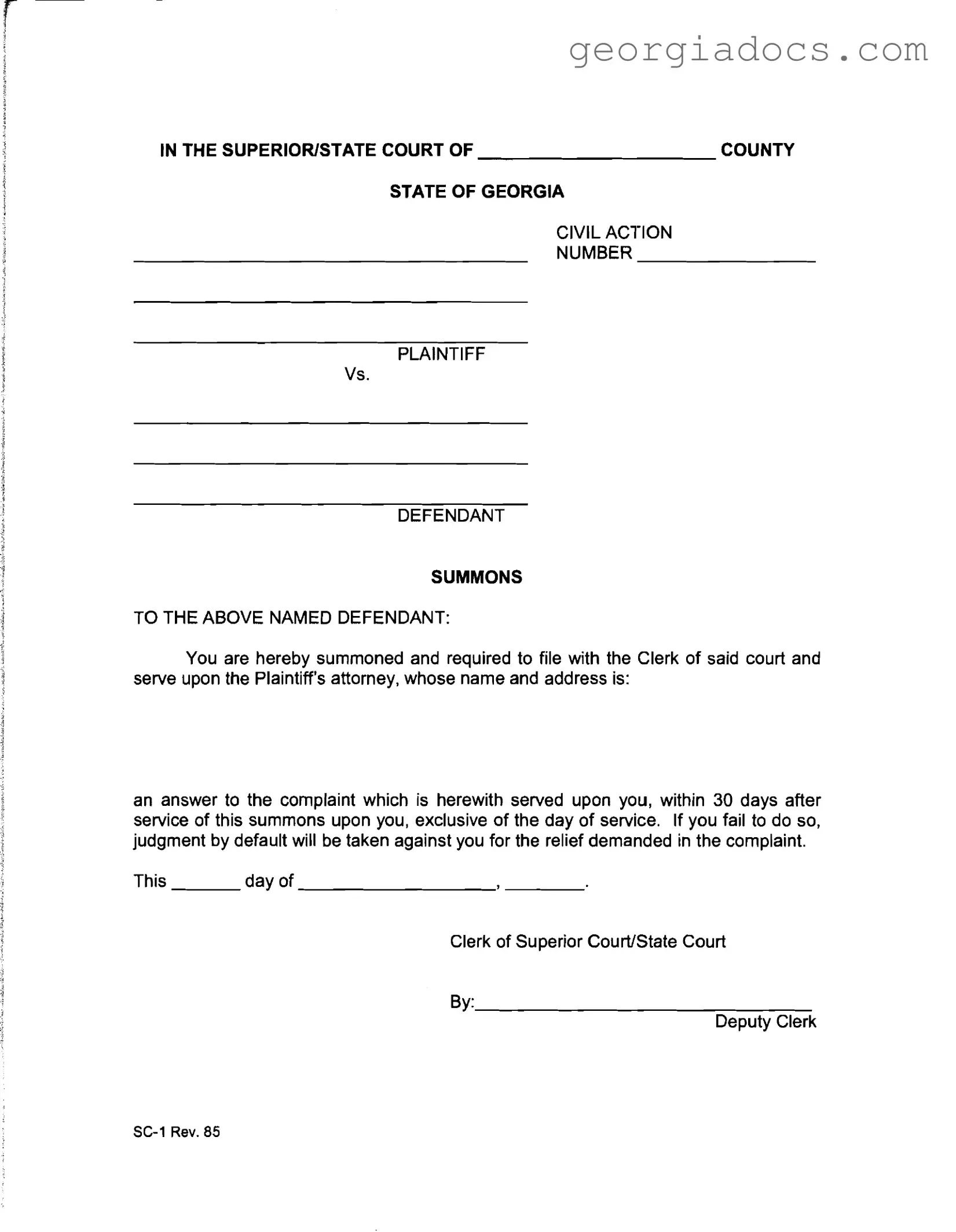 Georgia Civil Summons Template in PDF