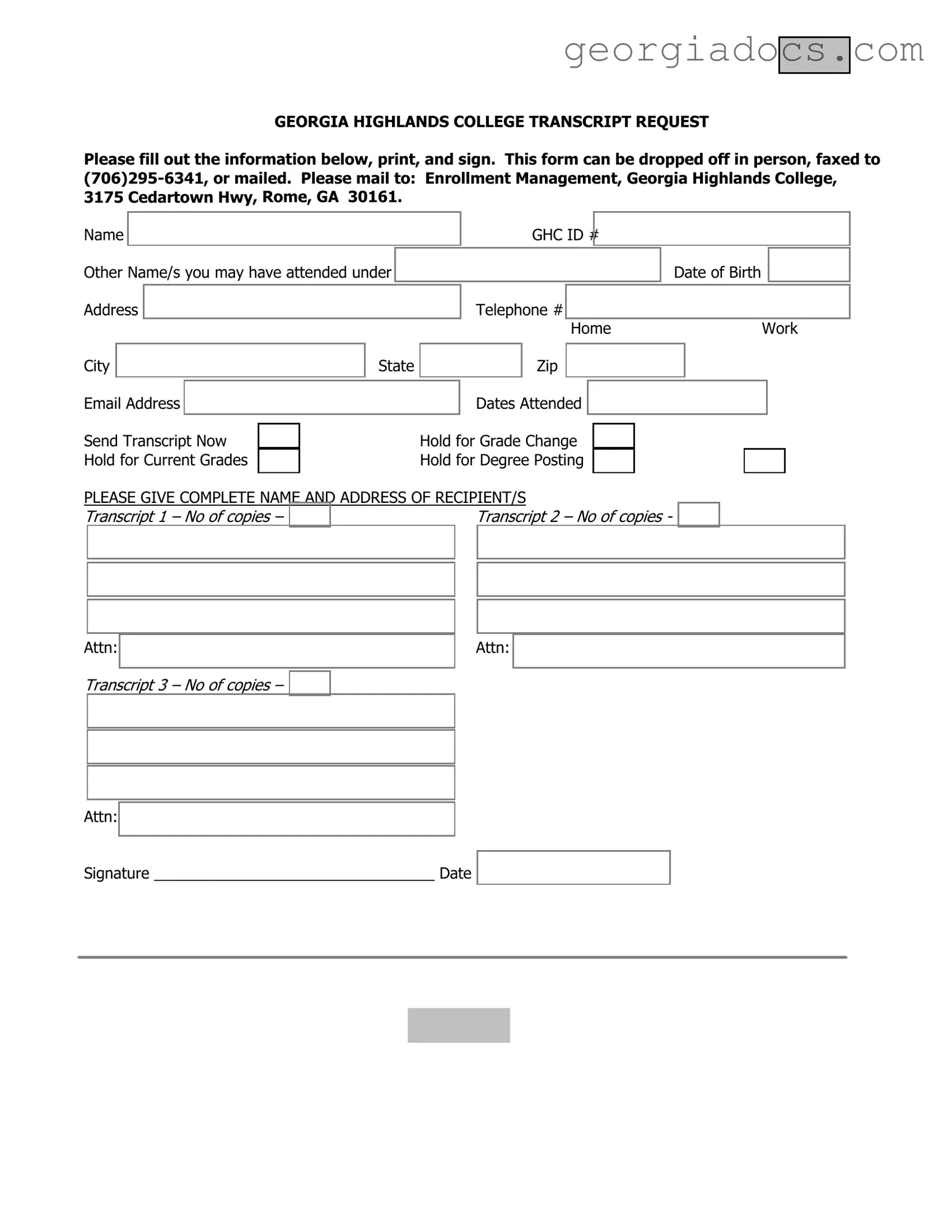 Georgia College Transcript Request Template in PDF
