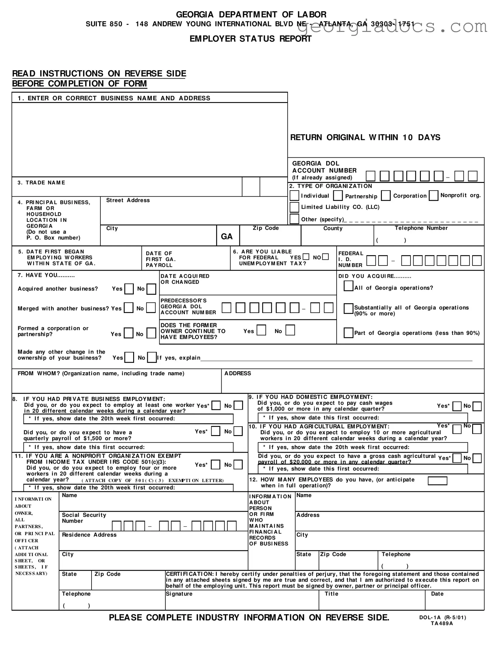 Georgia Department Of Labor Template in PDF