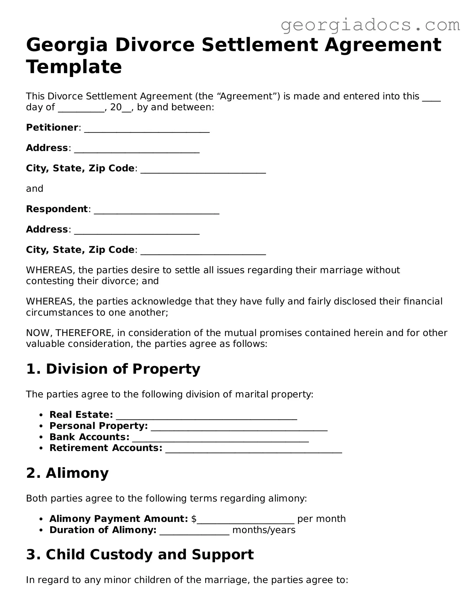  Divorce Settlement Agreement Template for Georgia
