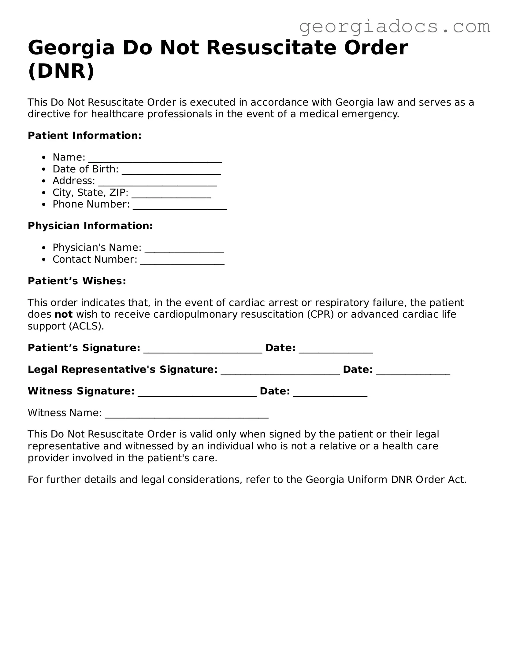  Do Not Resuscitate Order Template for Georgia