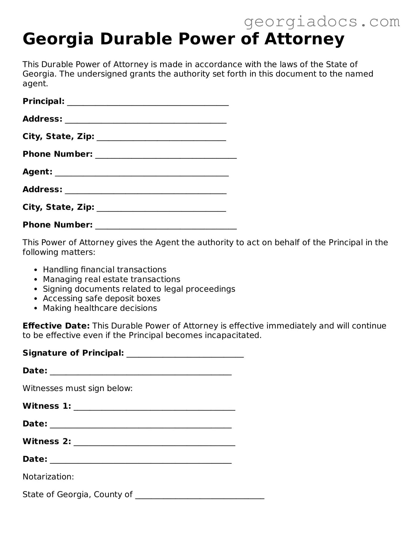  Durable Power of Attorney Template for Georgia