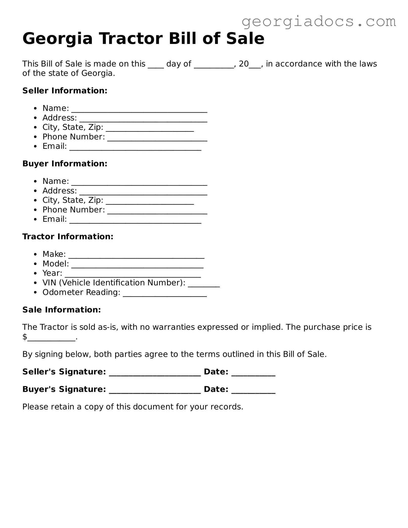  Tractor Bill of Sale Template for Georgia
