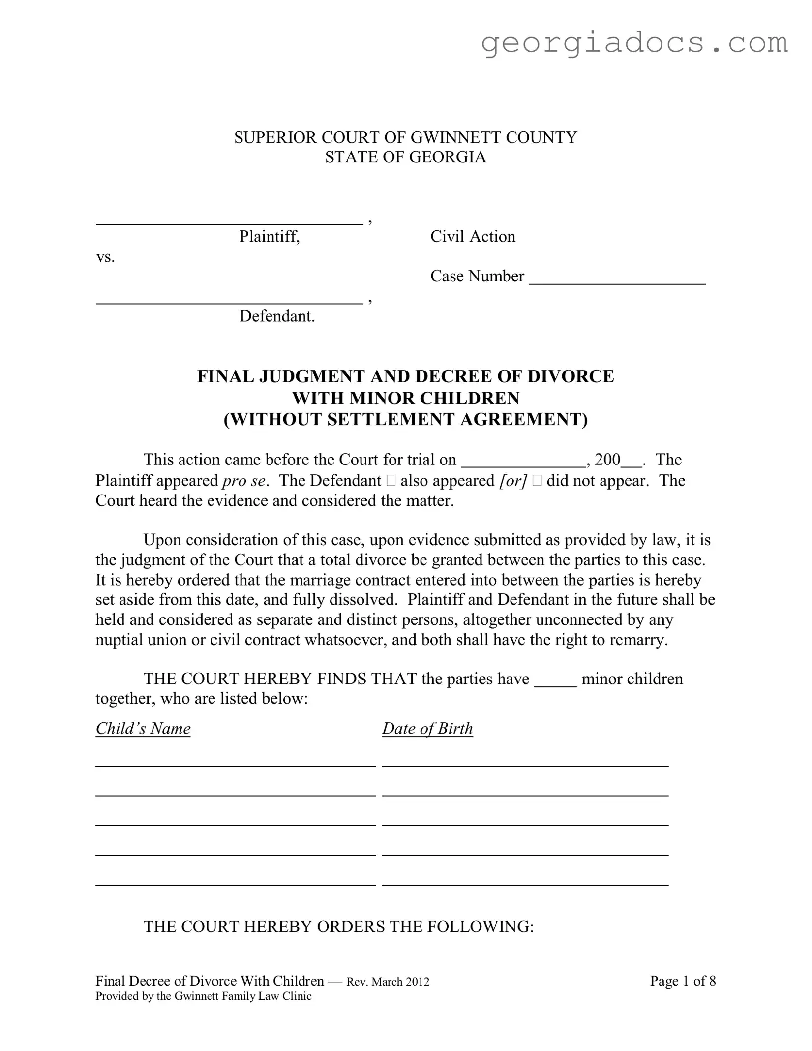 Georgia Final Decree Divorce Template in PDF