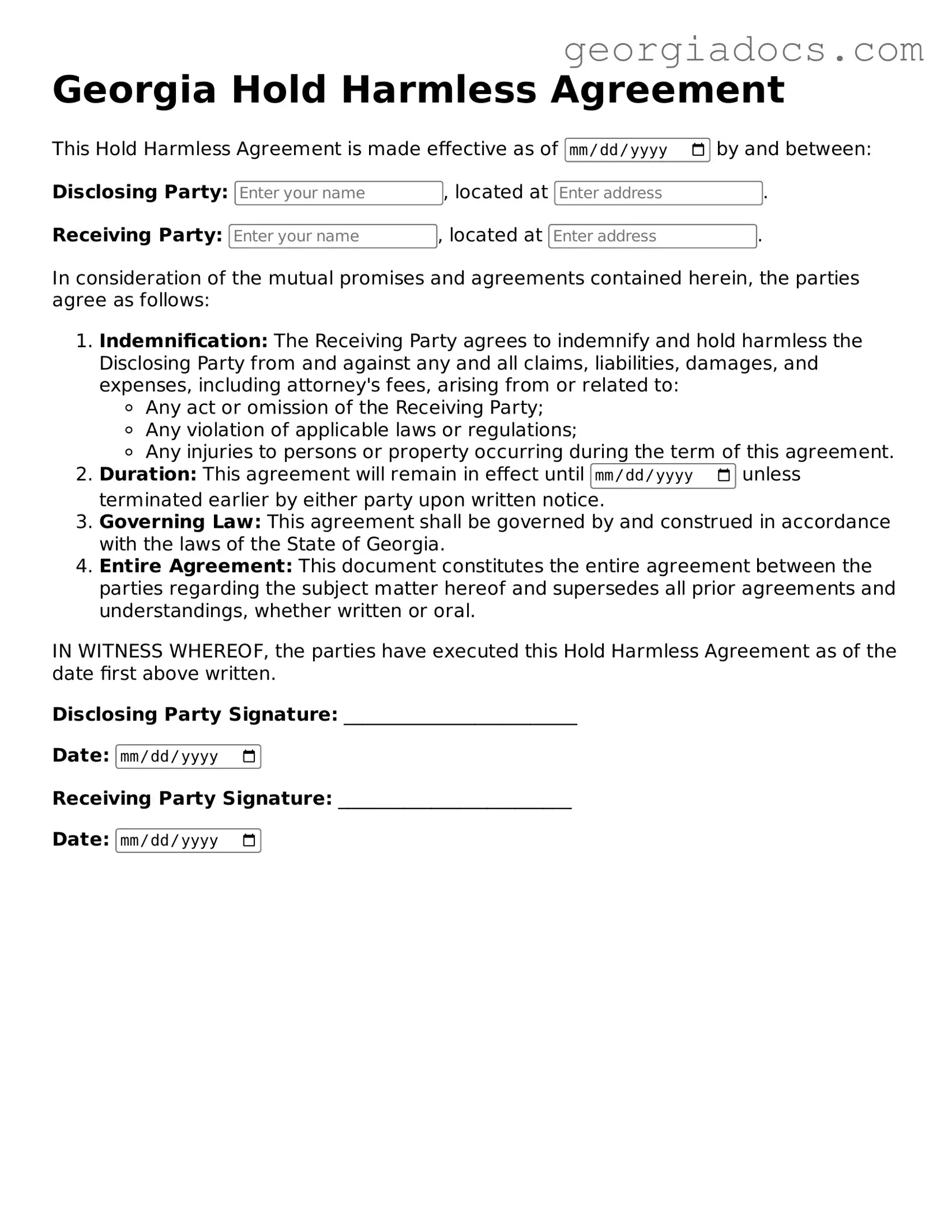  Hold Harmless Agreement Template for Georgia