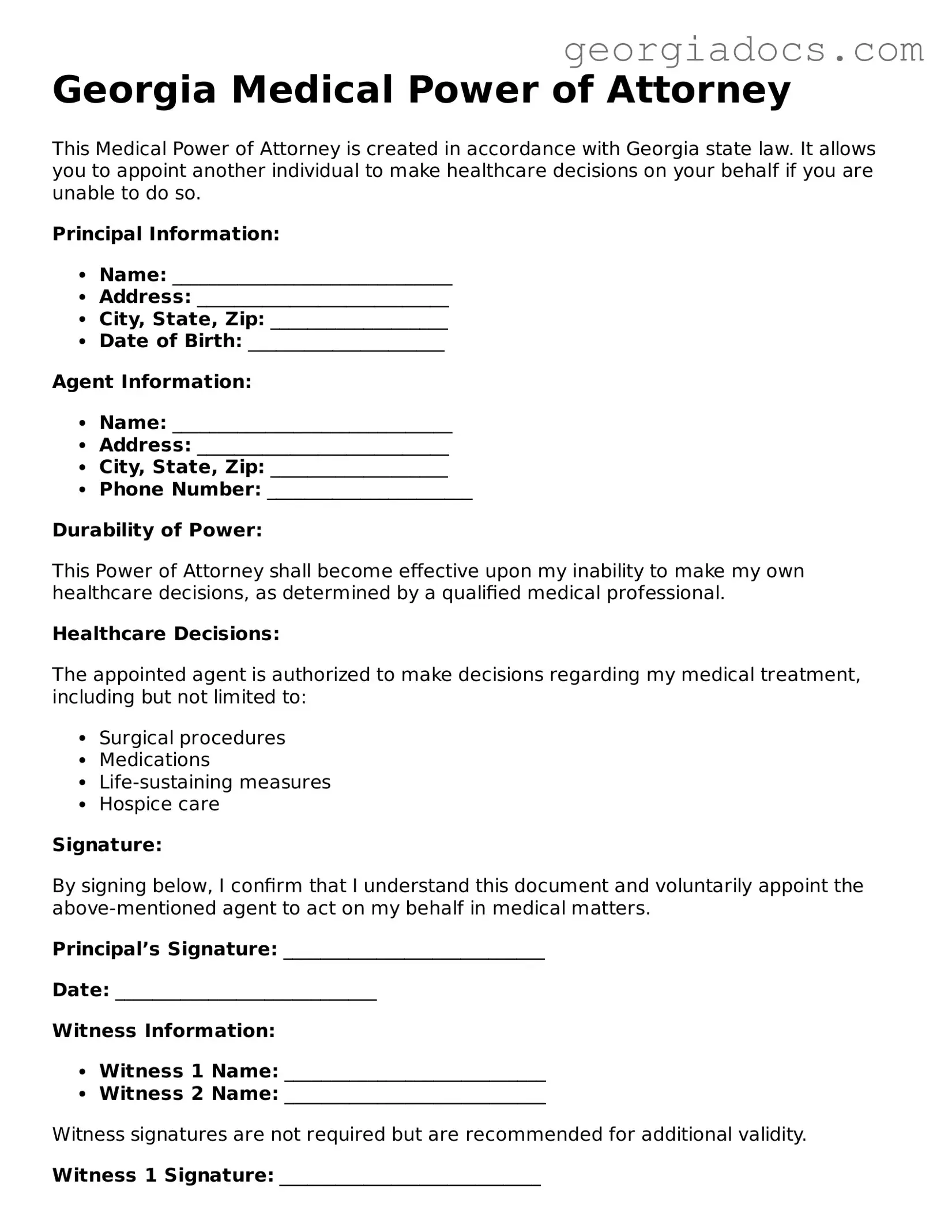  Medical Power of Attorney Template for Georgia