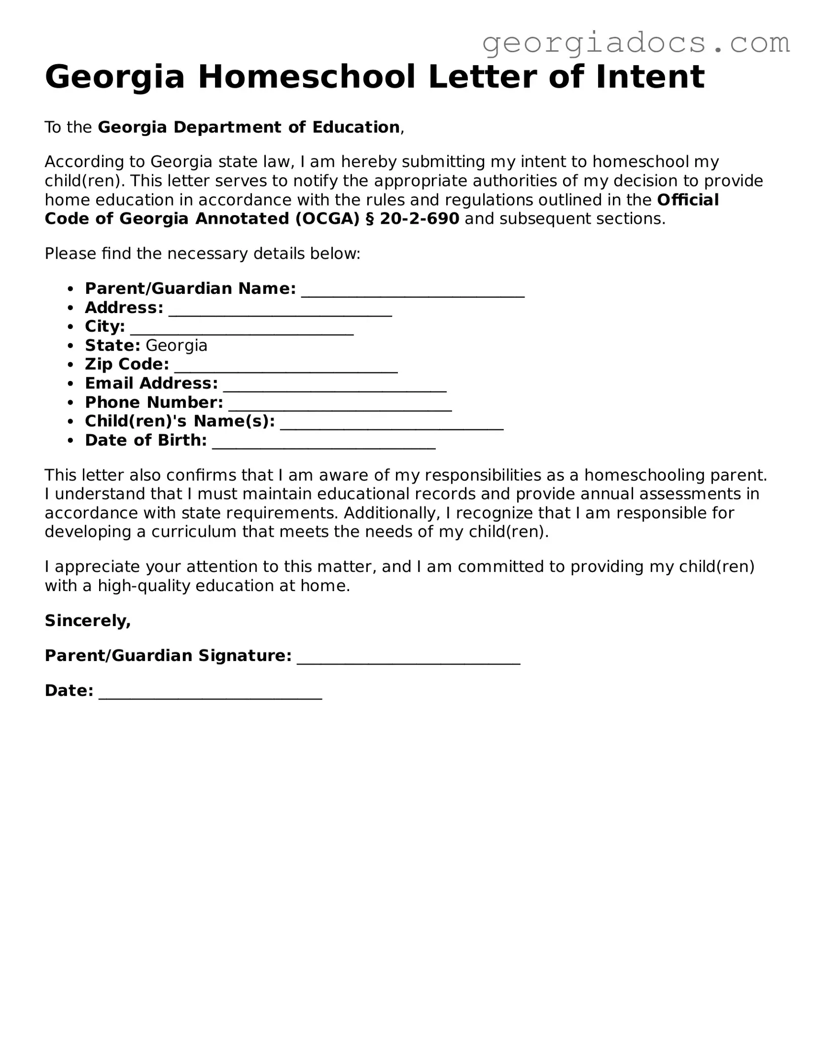  Homeschool Letter of Intent Template for Georgia