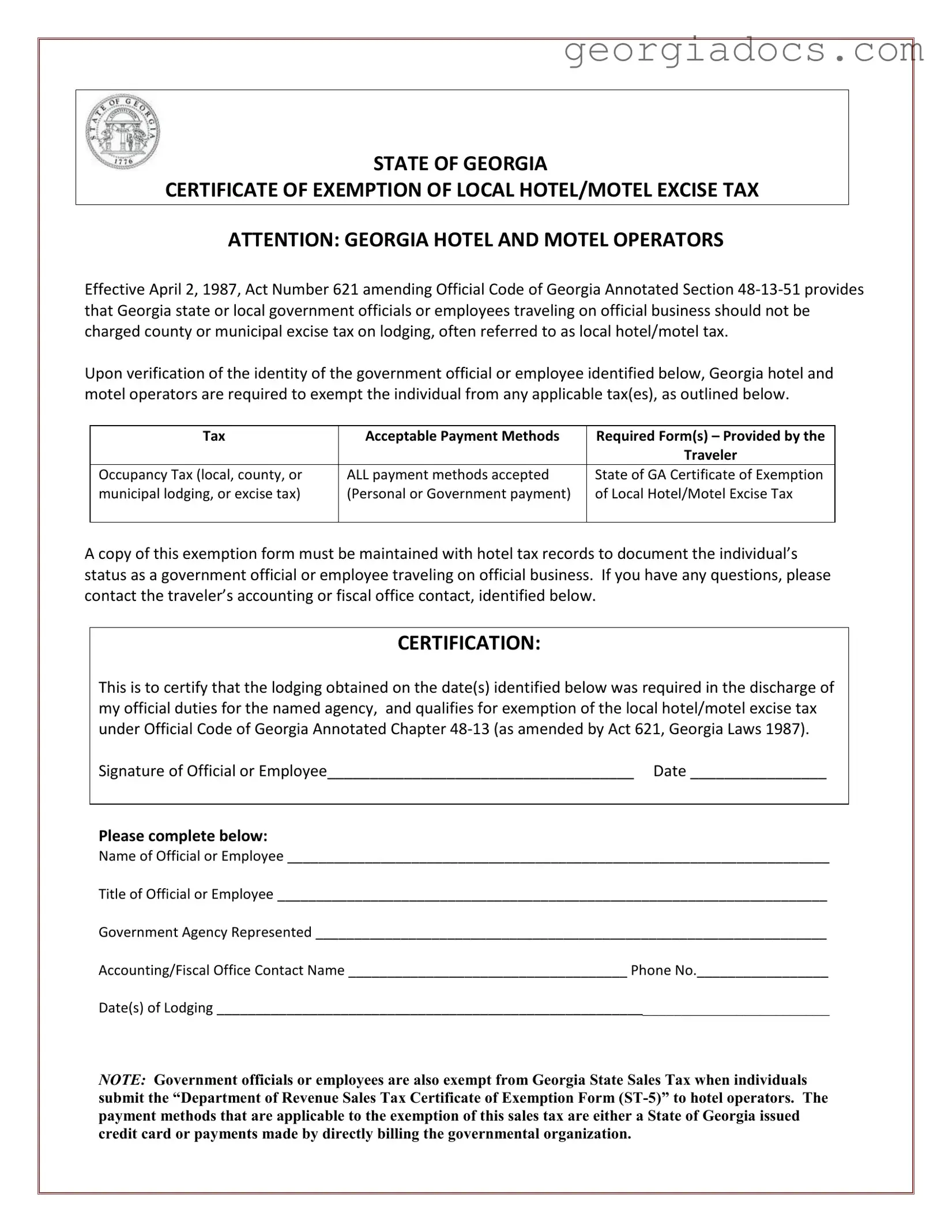 Georgia Hotel Tax Template in PDF
