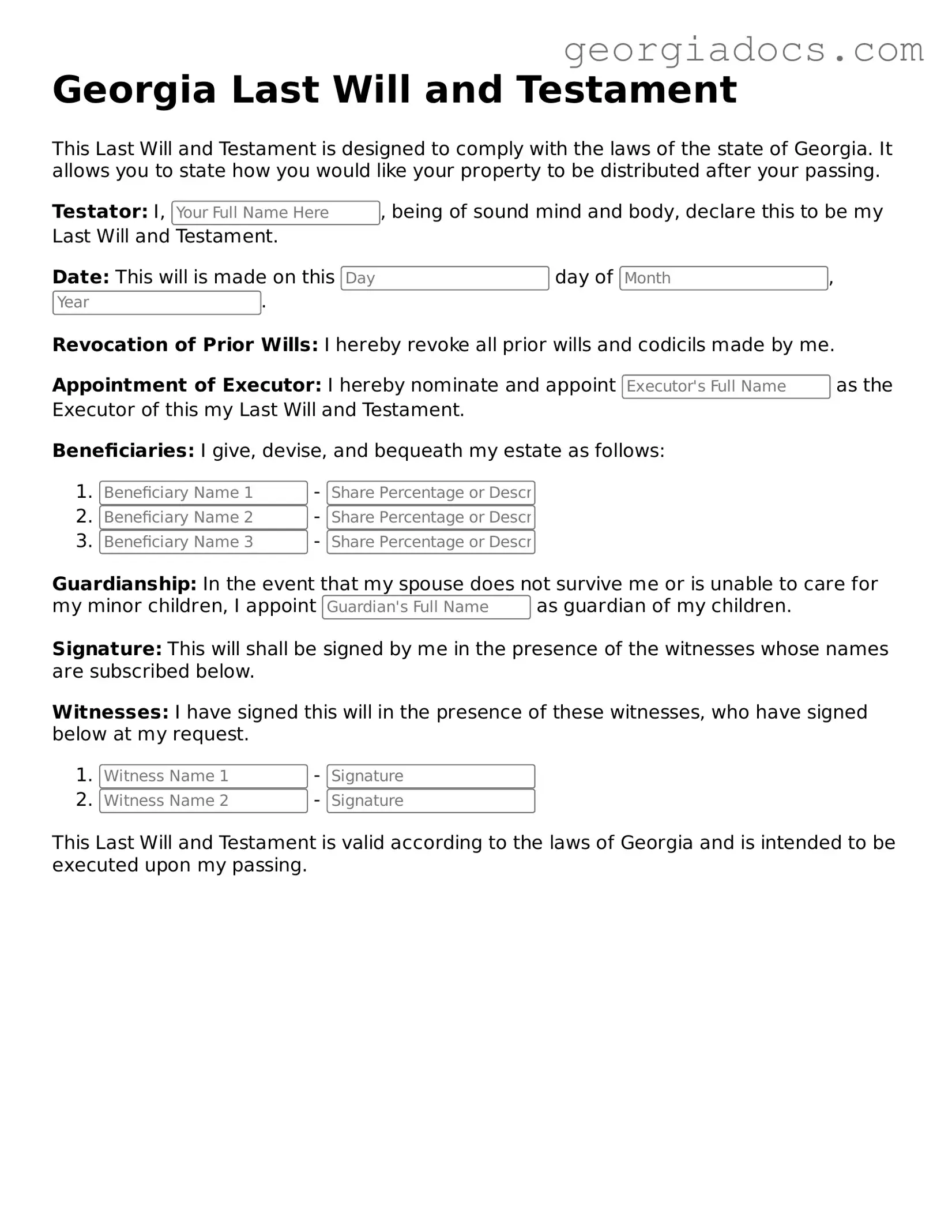  Last Will and Testament Template for Georgia