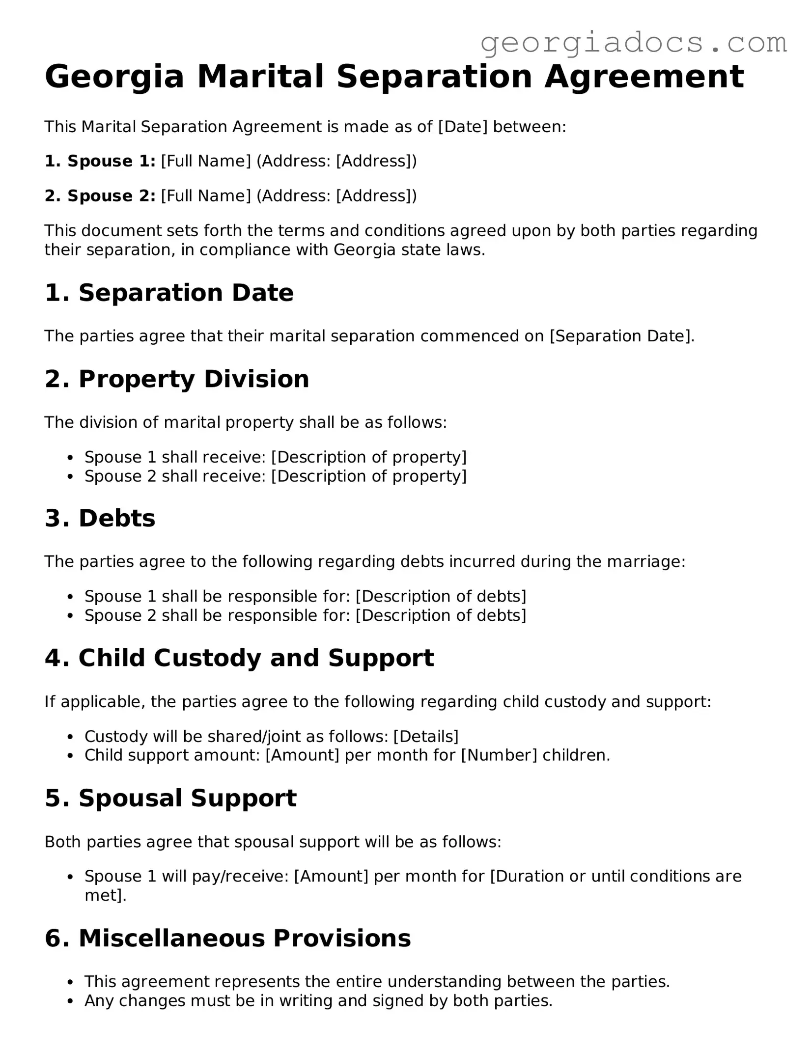  Marital Separation Agreement Template for Georgia