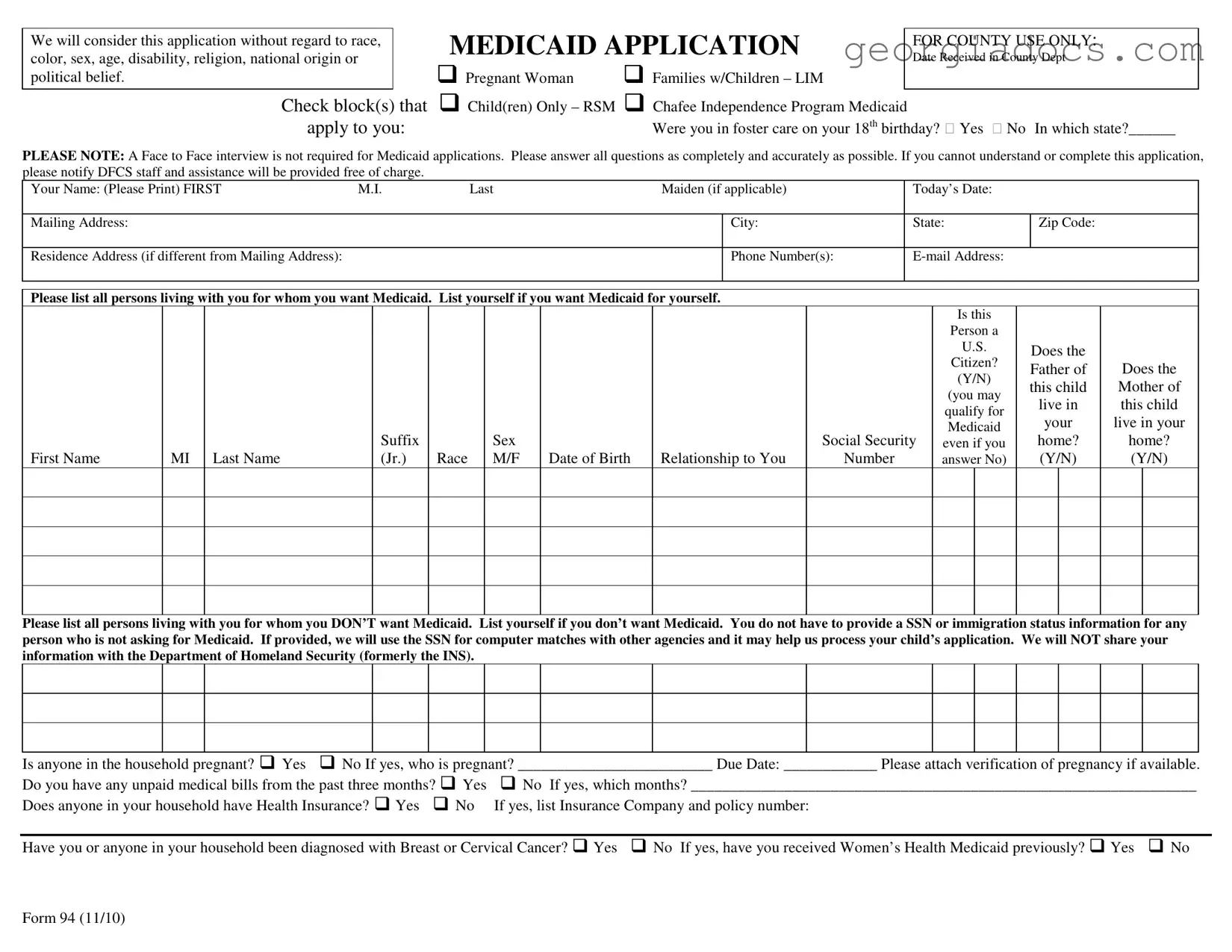Georgia Medicaid Application Template in PDF
