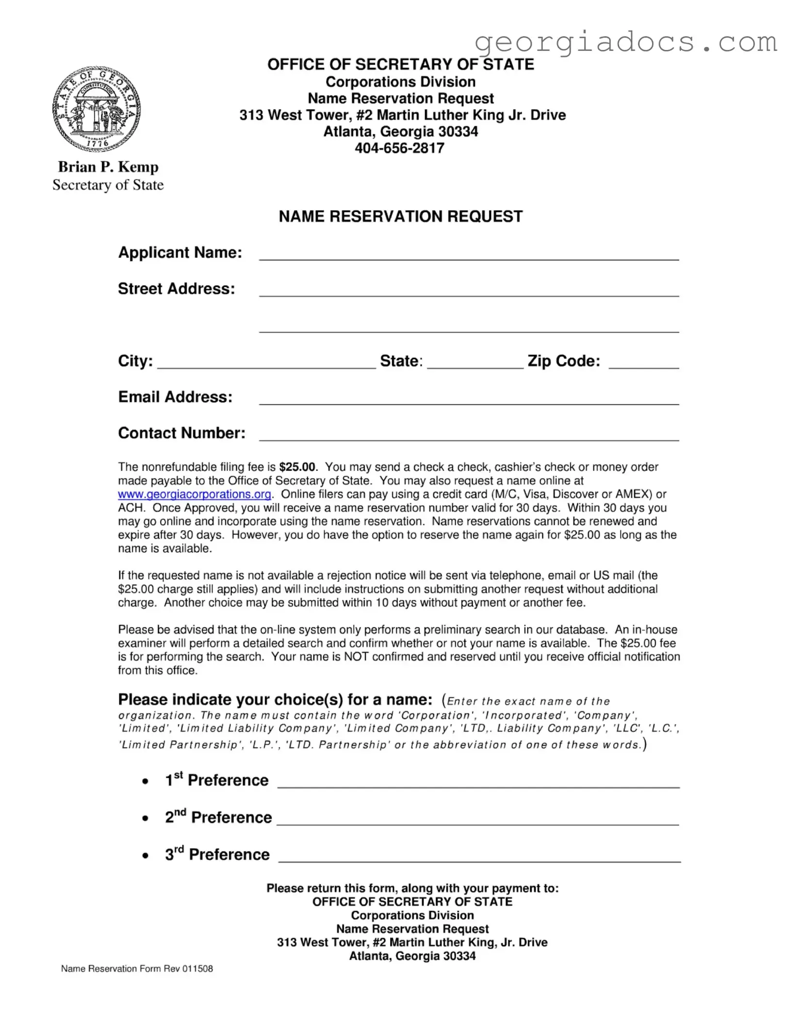 Georgia Name Reservation Template in PDF