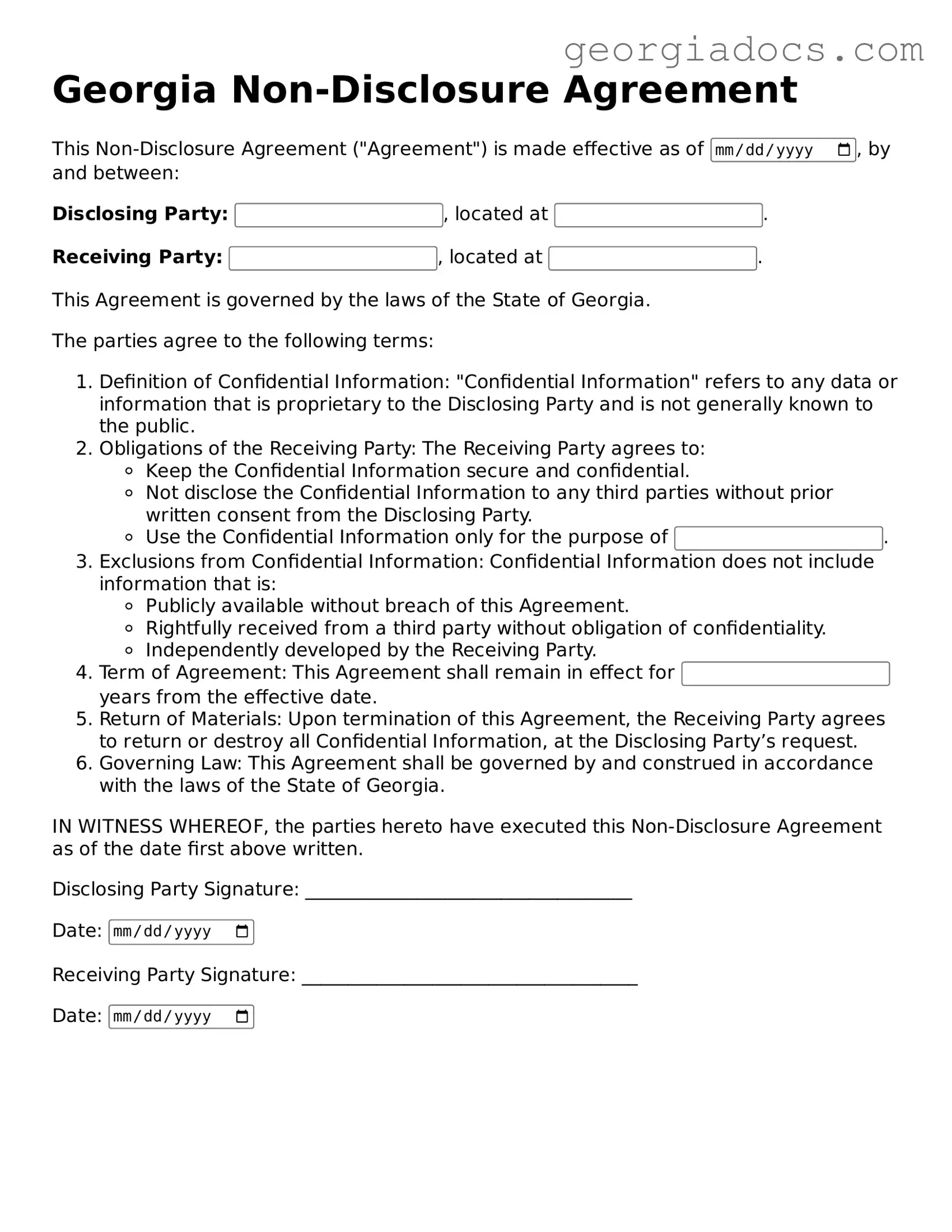  Non-disclosure Agreement Template for Georgia