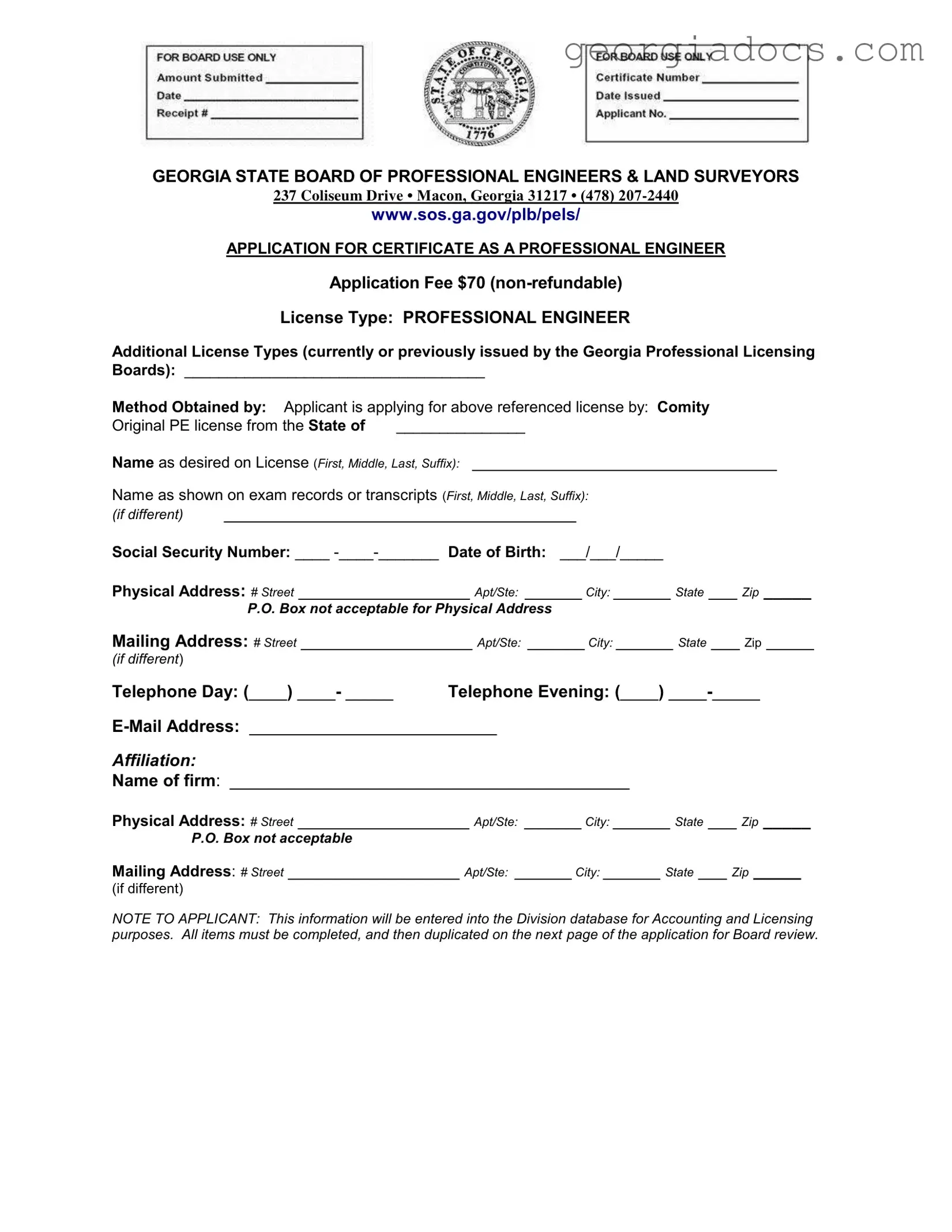 Georgia Pe Comity Application Template in PDF