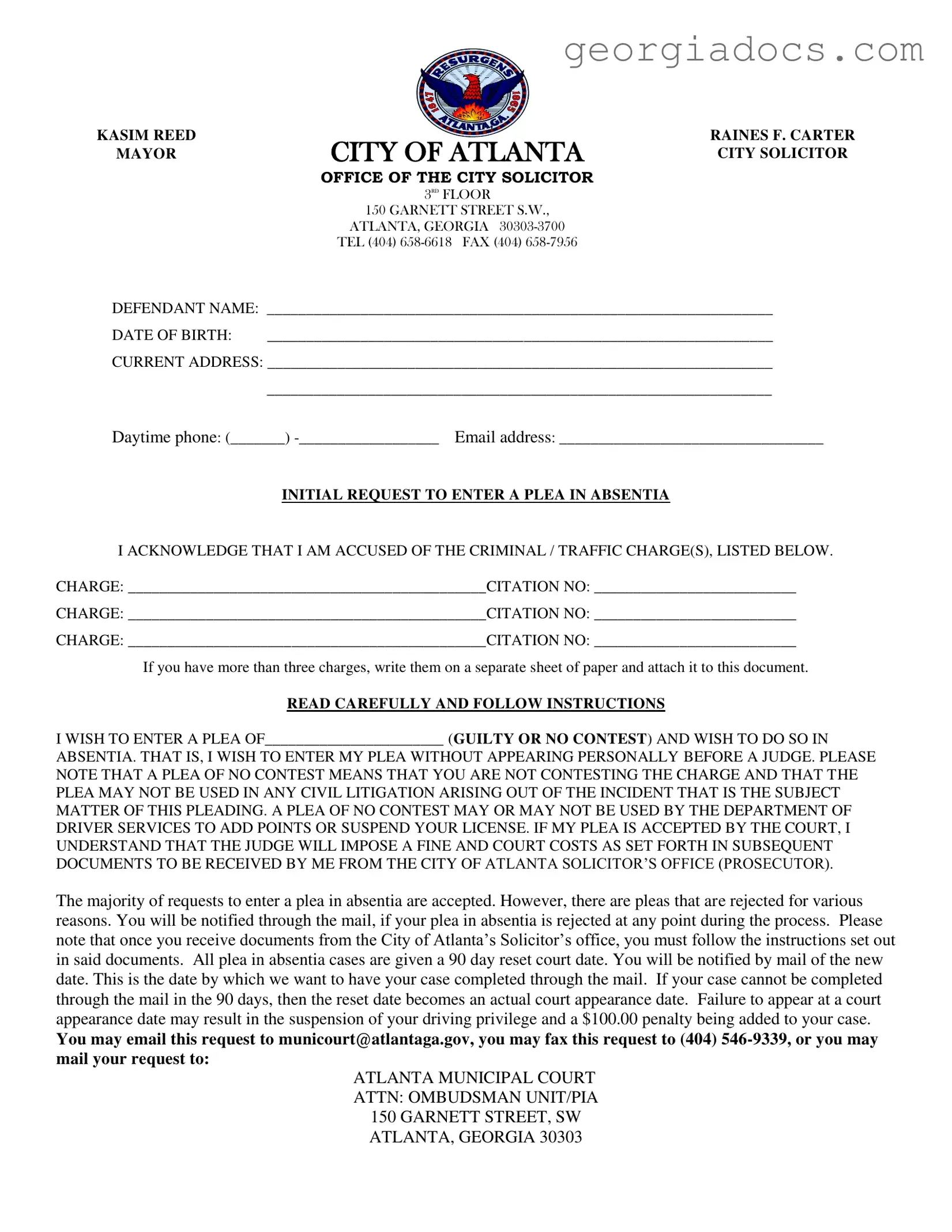 Georgia Plea Absentia Template in PDF