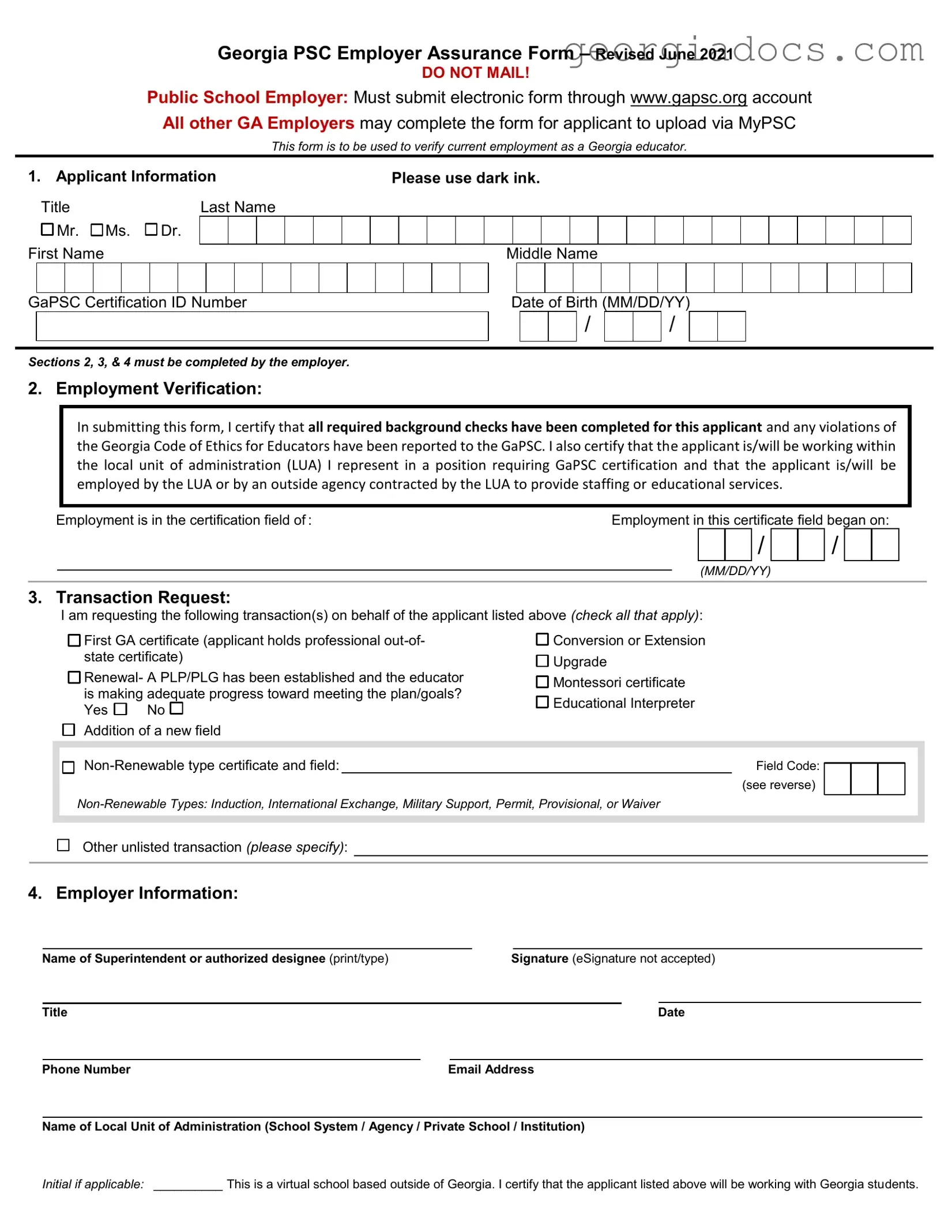 Georgia Psc Employer Assurance Template in PDF