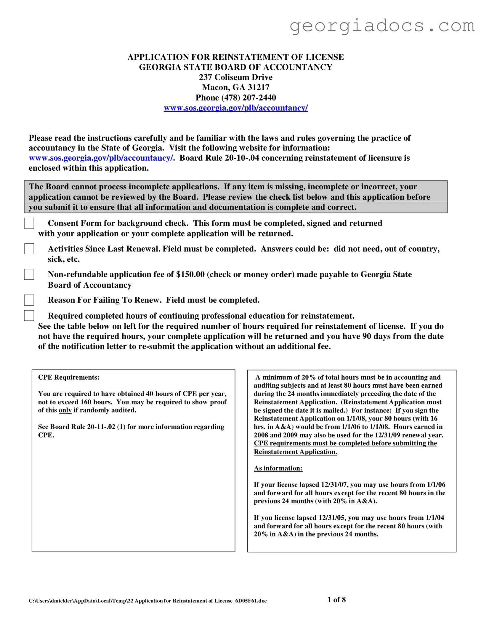 Georgia Reinstatement Nursing Template in PDF