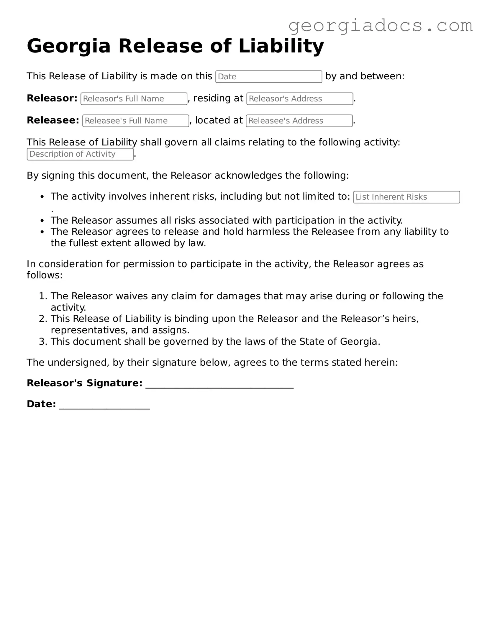  Release of Liability Template for Georgia