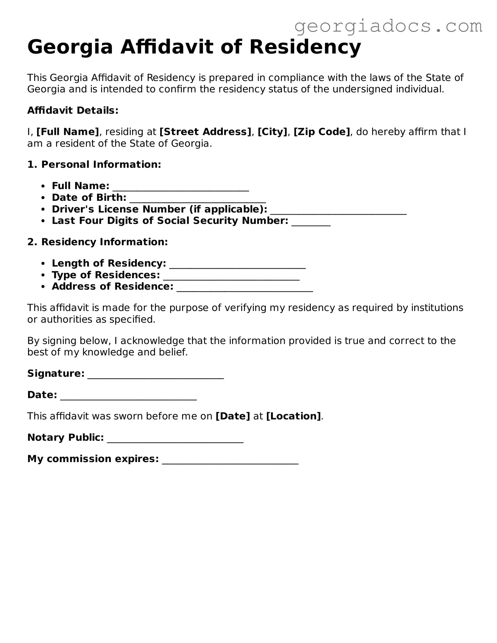  Affidavit of Residency Template for Georgia
