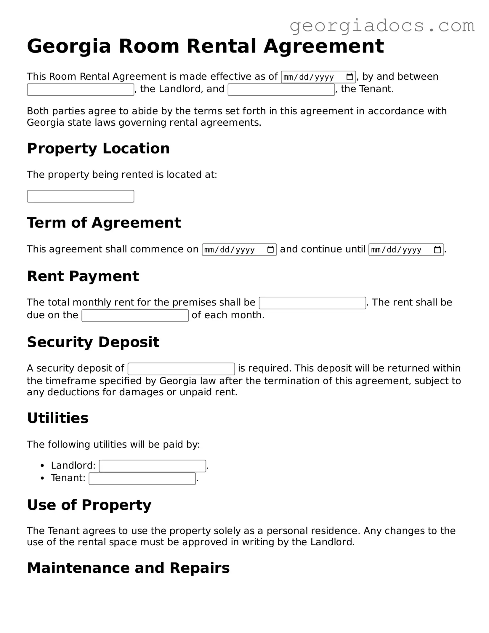  Room Rental Agreement Template for Georgia