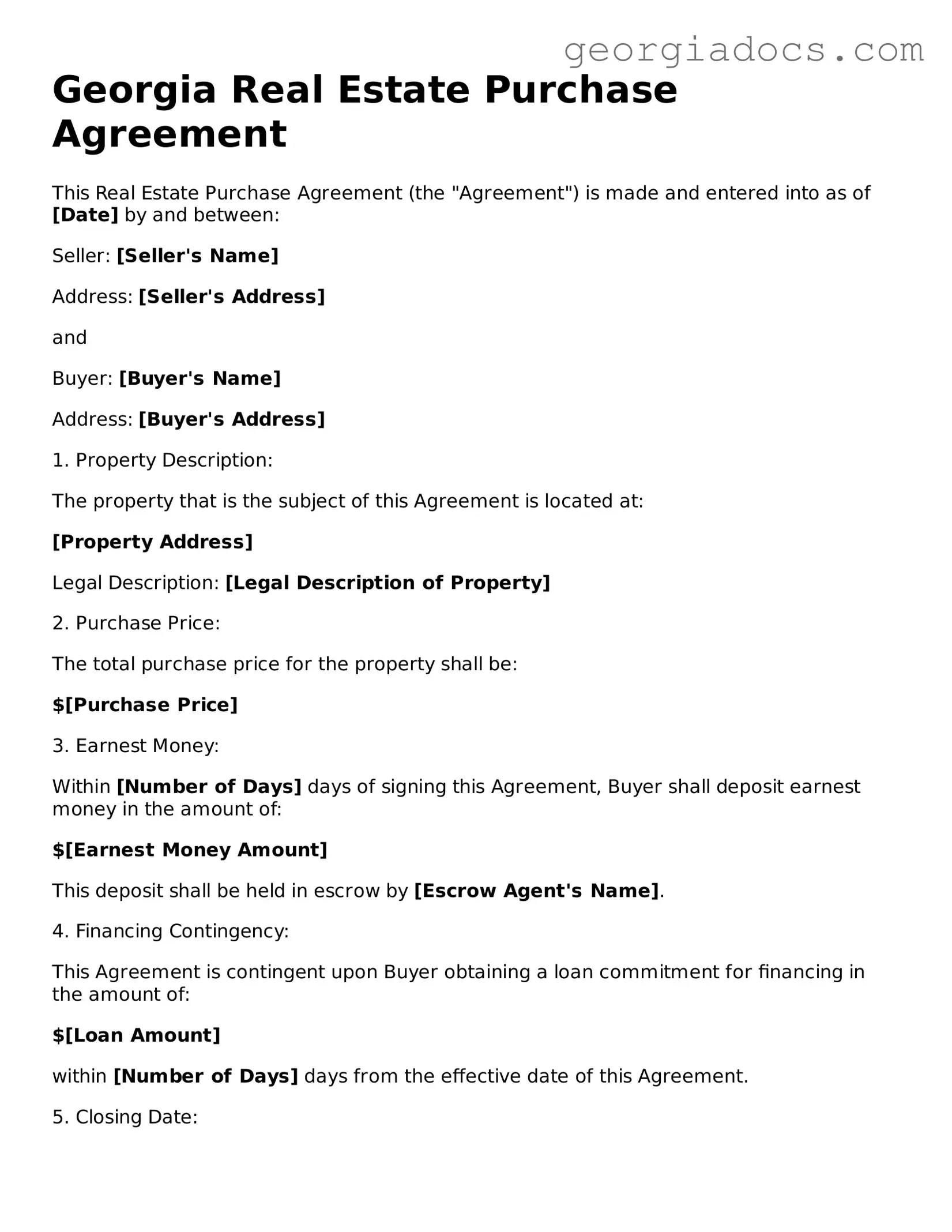  Real Estate Purchase Agreement Template for Georgia