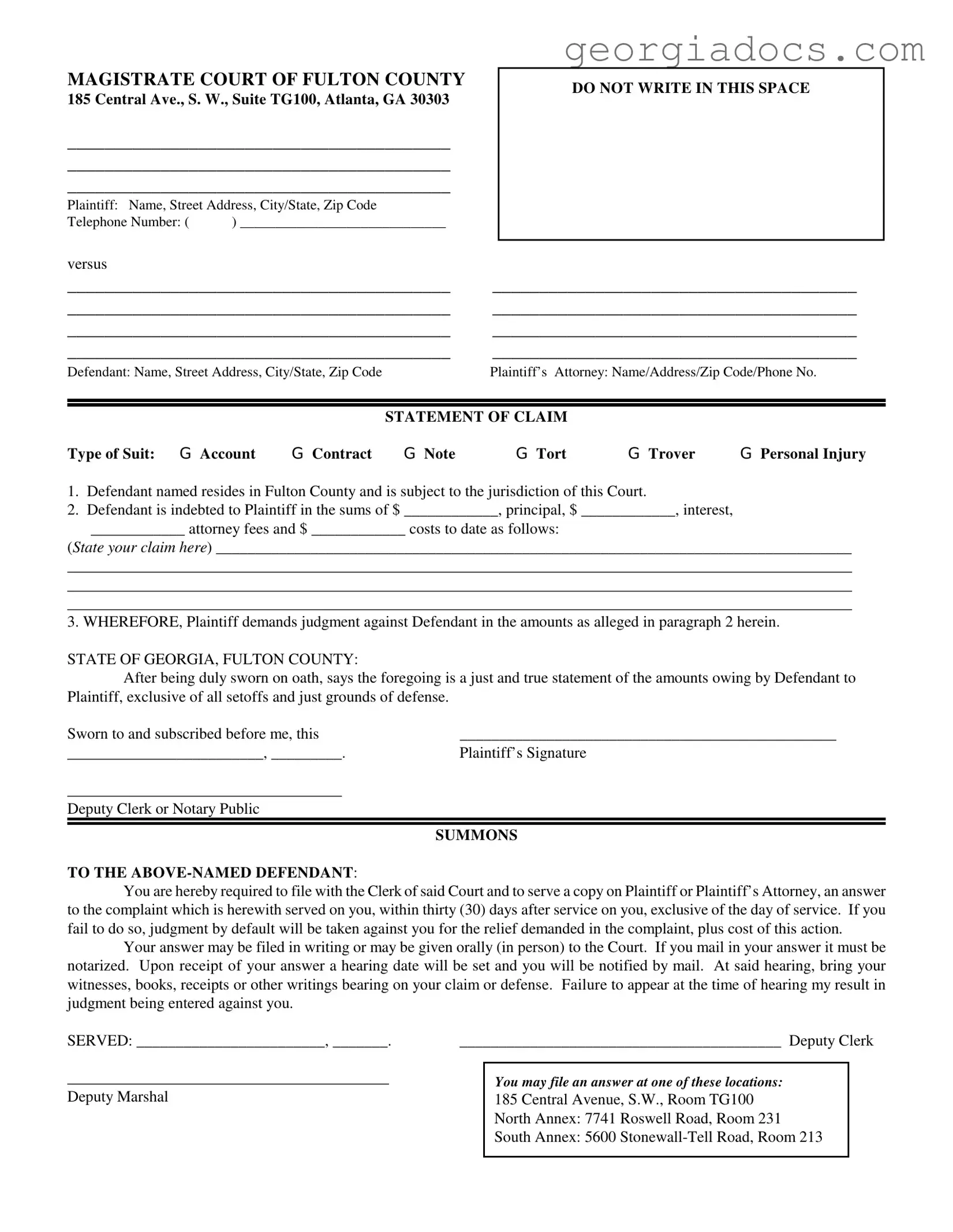Georgia Statement Claim Fulton Template in PDF