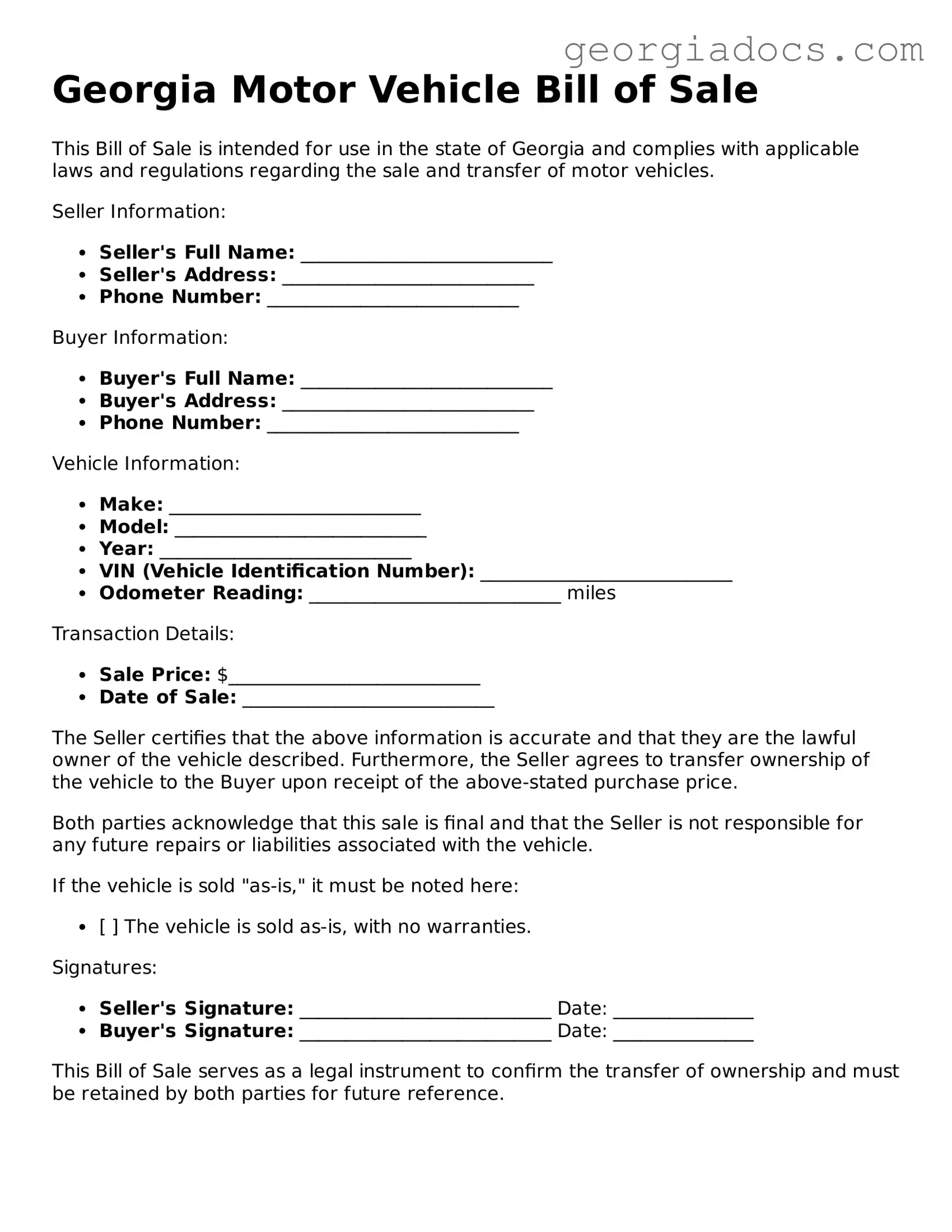  Motor Vehicle Bill of Sale Template for Georgia