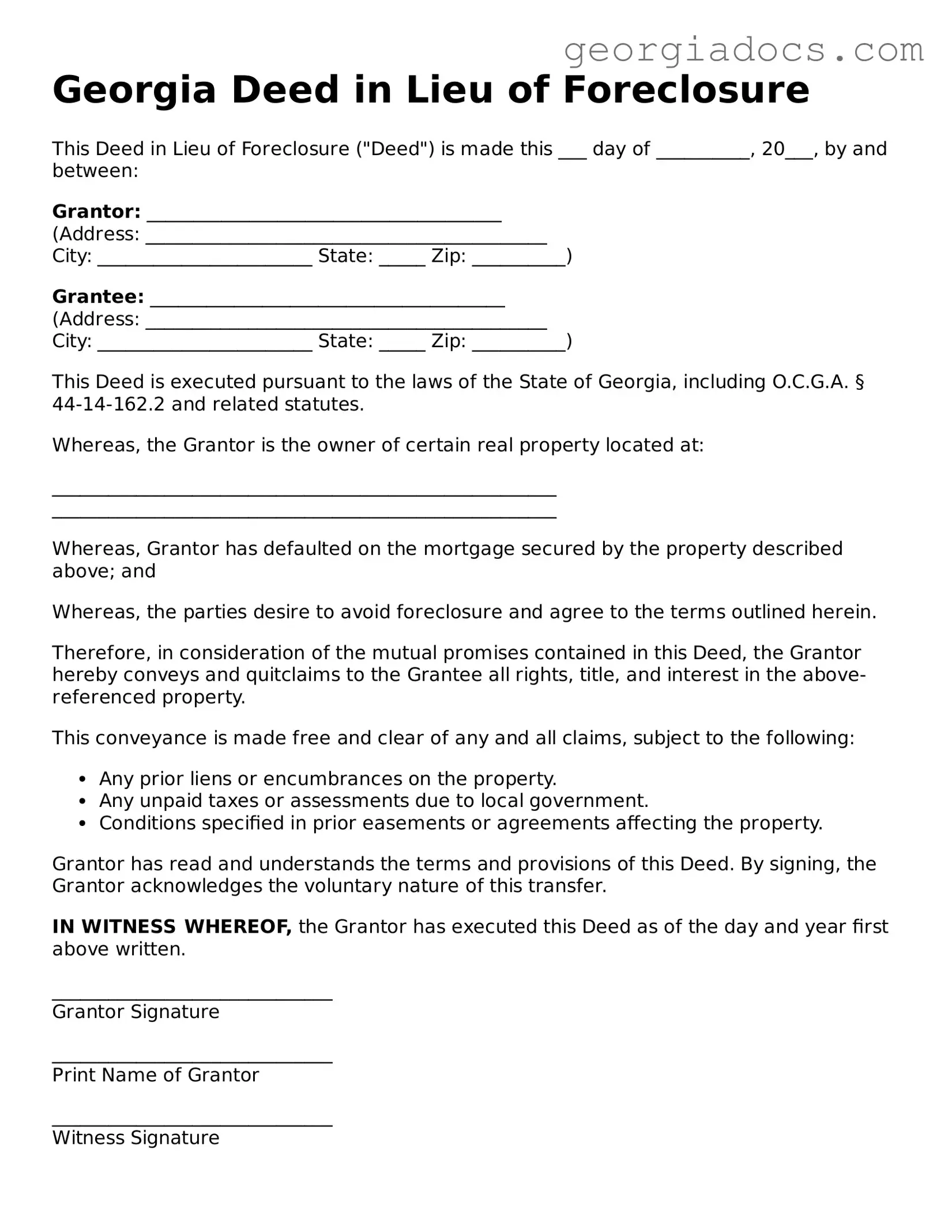  Deed in Lieu of Foreclosure Template for Georgia