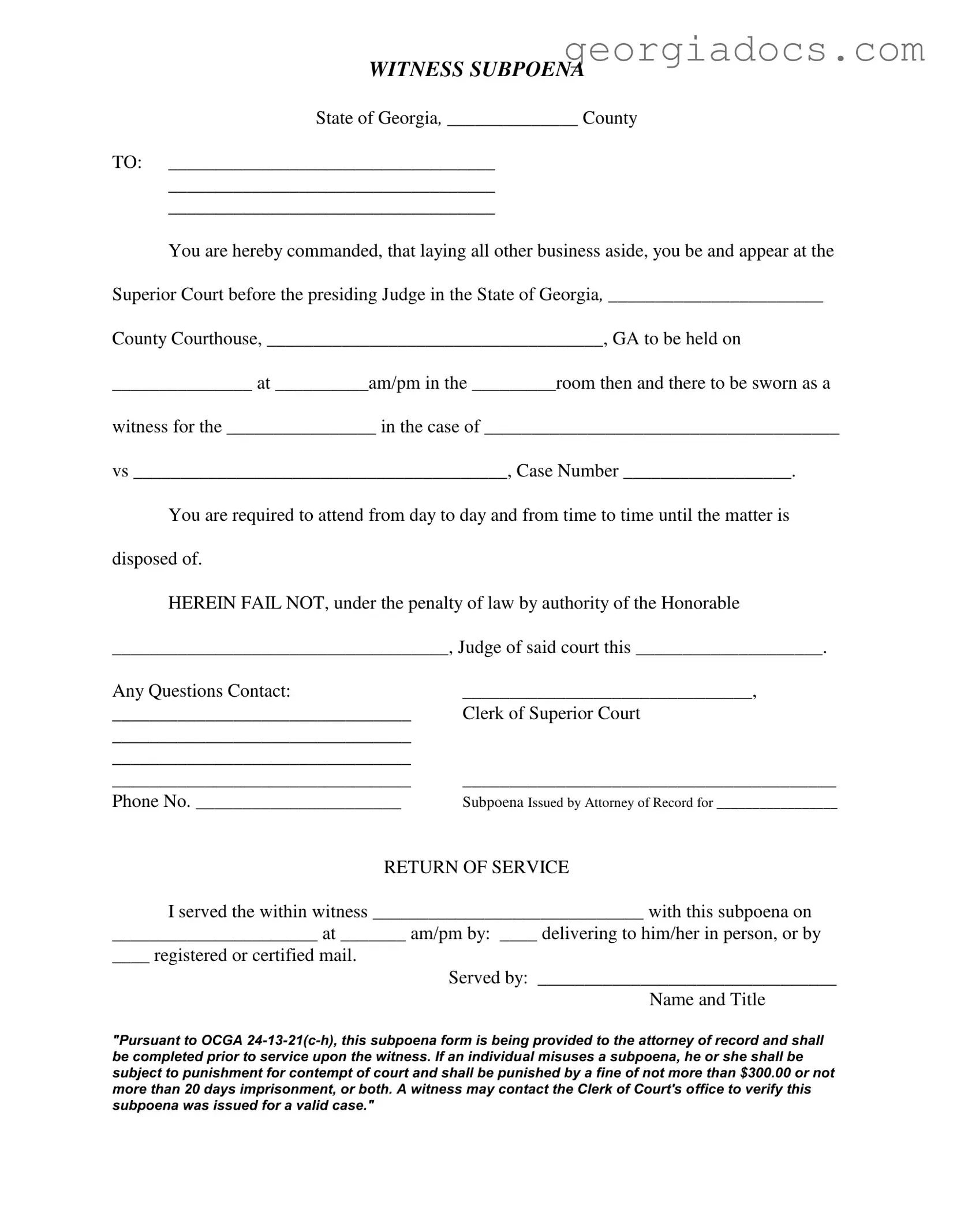 Georgia Witness Subpoena Template in PDF