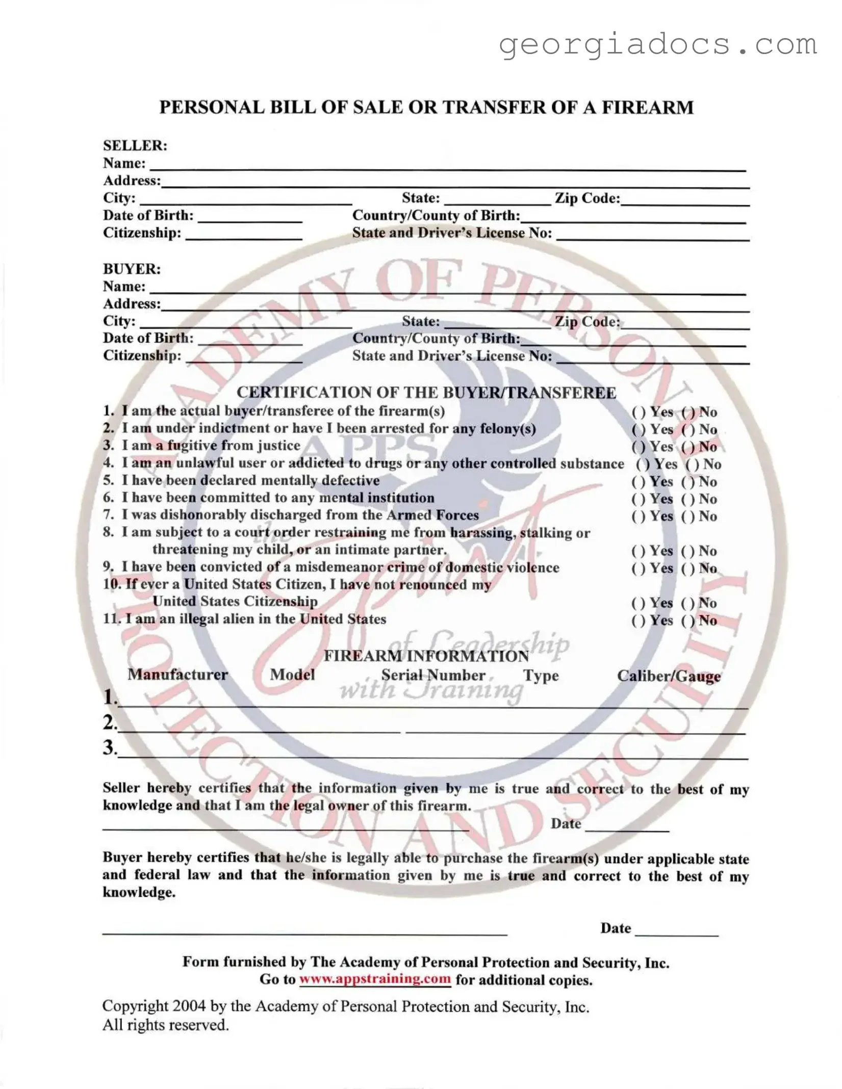 Gun Transfer Georgia Template in PDF
