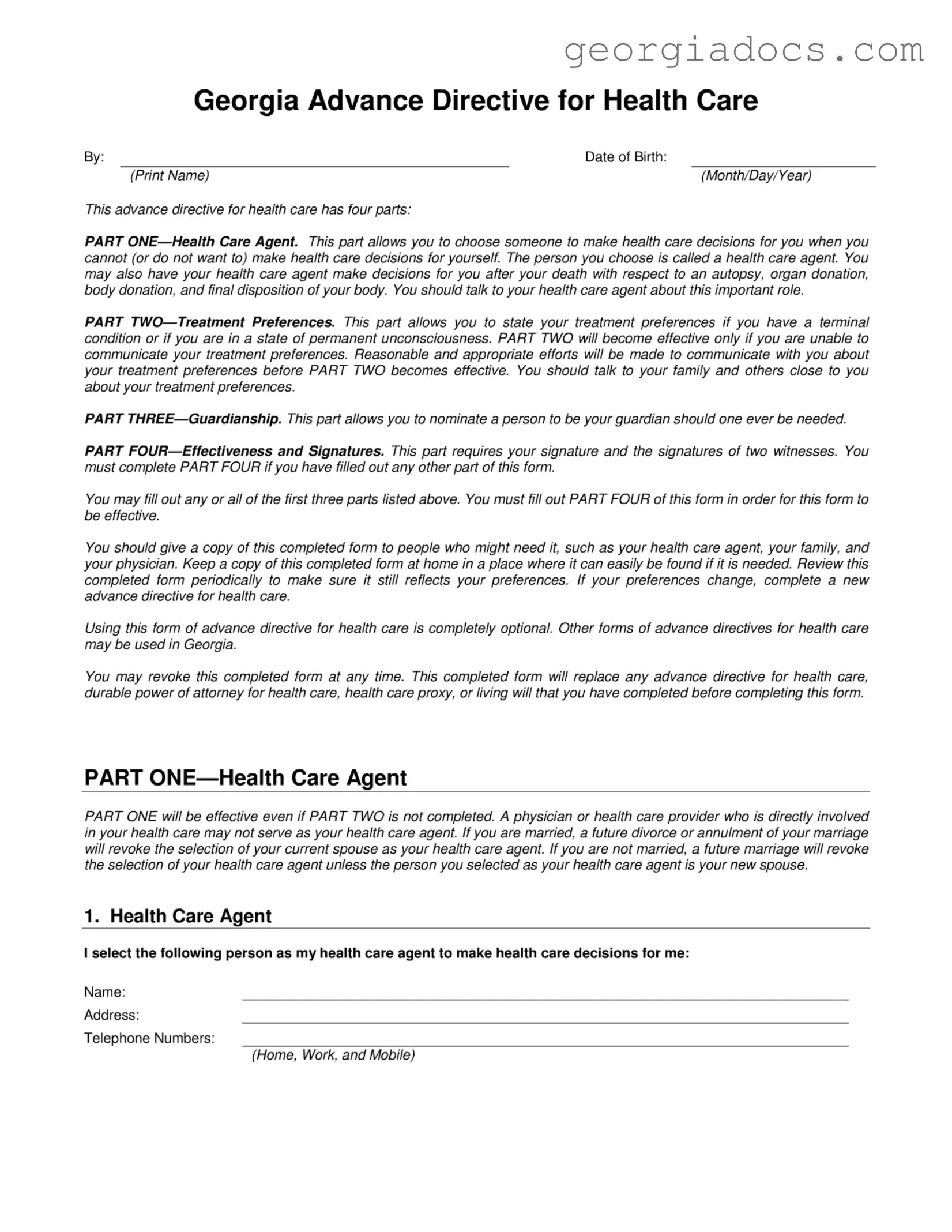 Health Care Directive Georgia Template in PDF