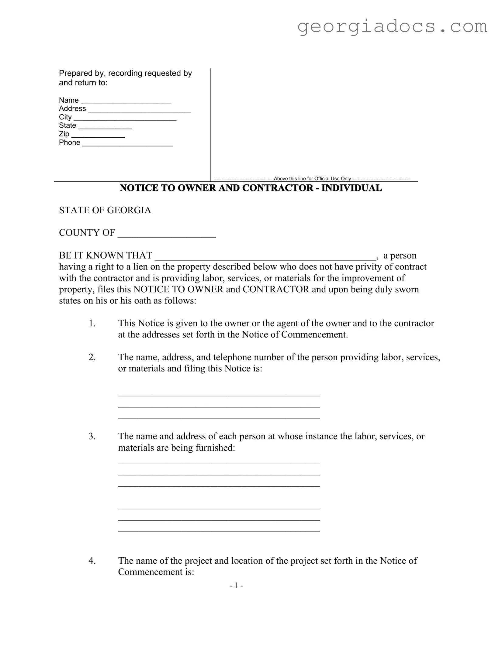 Notice To Owner Georgia Template in PDF