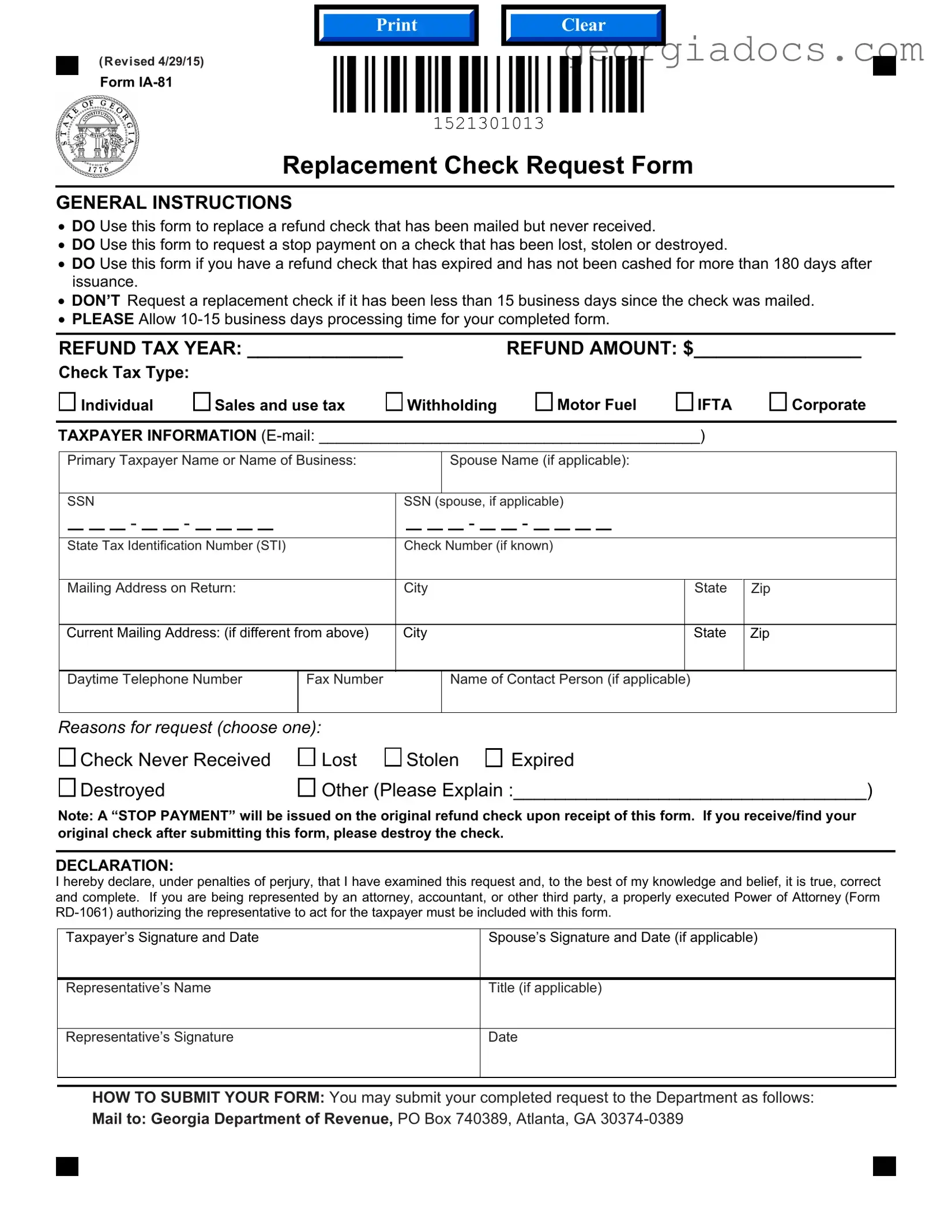 Replacement Check Request Georgia Template in PDF