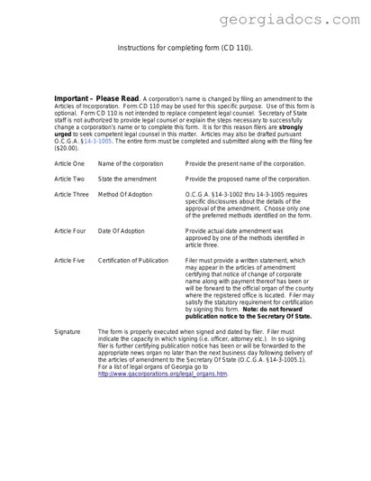 Articles Of Amendment Georgia Cd 110 Template in PDF