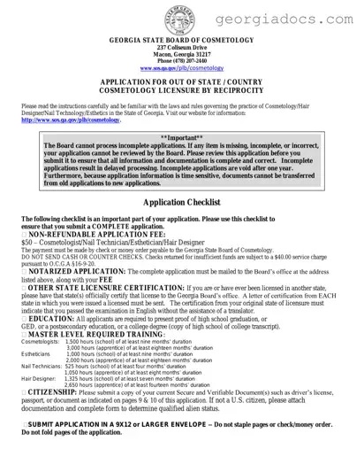 Georgia Cosmetology Reciprocity Template in PDF