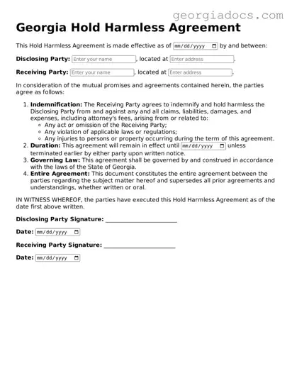  Hold Harmless Agreement Template for Georgia