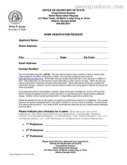 Georgia Name Reservation Template in PDF