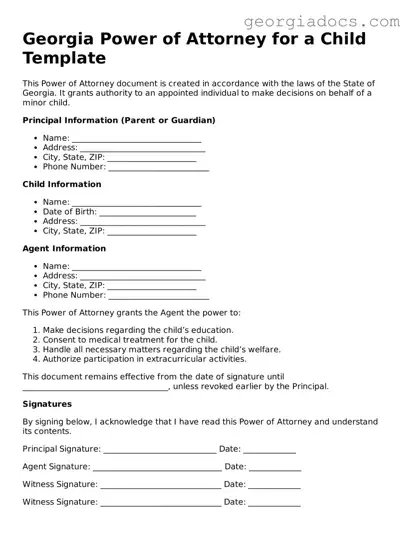  Power of Attorney for a Child Template for Georgia
