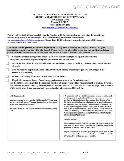 Georgia Reinstatement Nursing Template in PDF