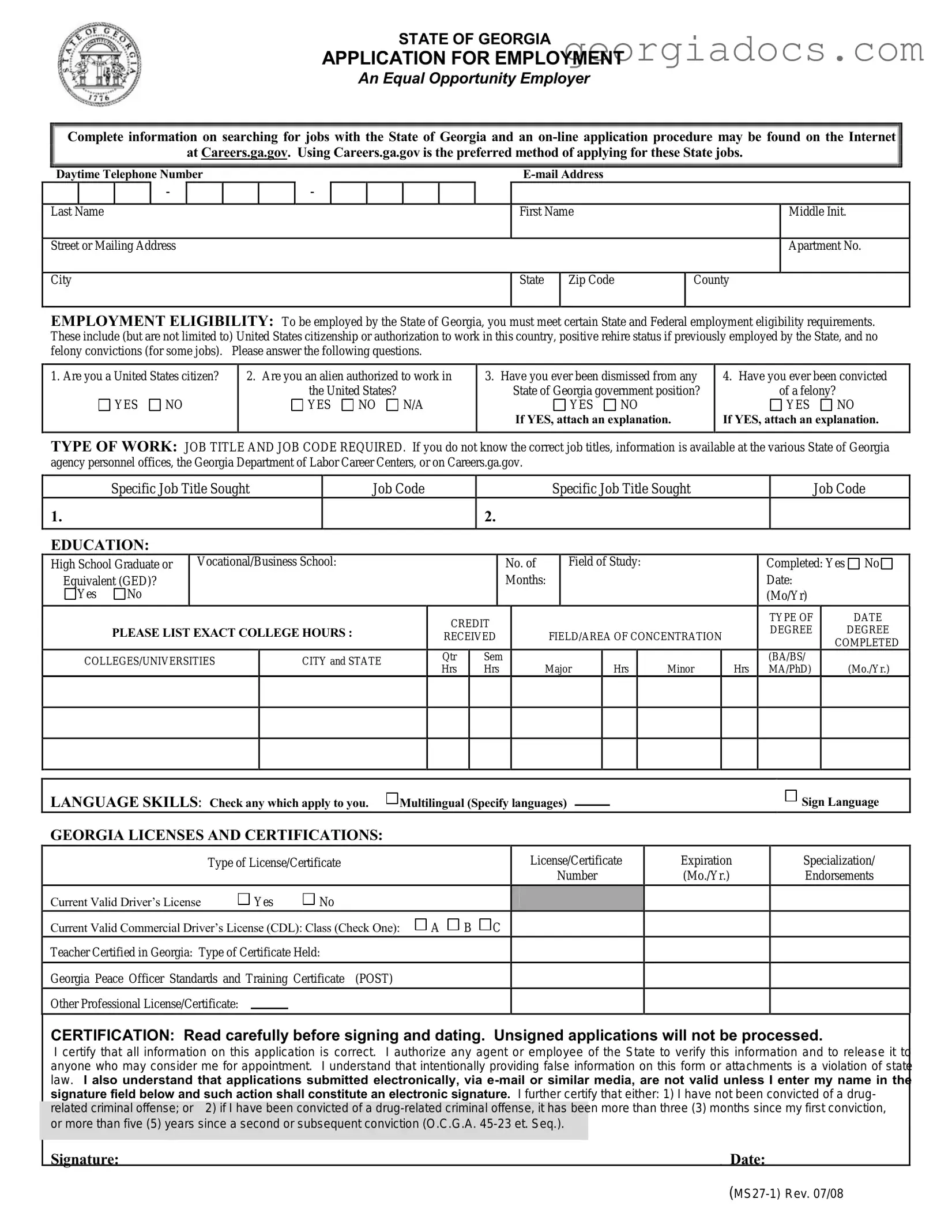 State Of Georgia Application Ms27 1 Template in PDF